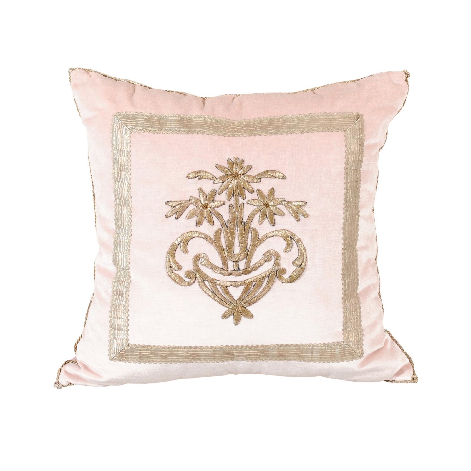 Antique Ottoman Empire Silver Metallic Embroidery on Blush Pink Velvet Pillow