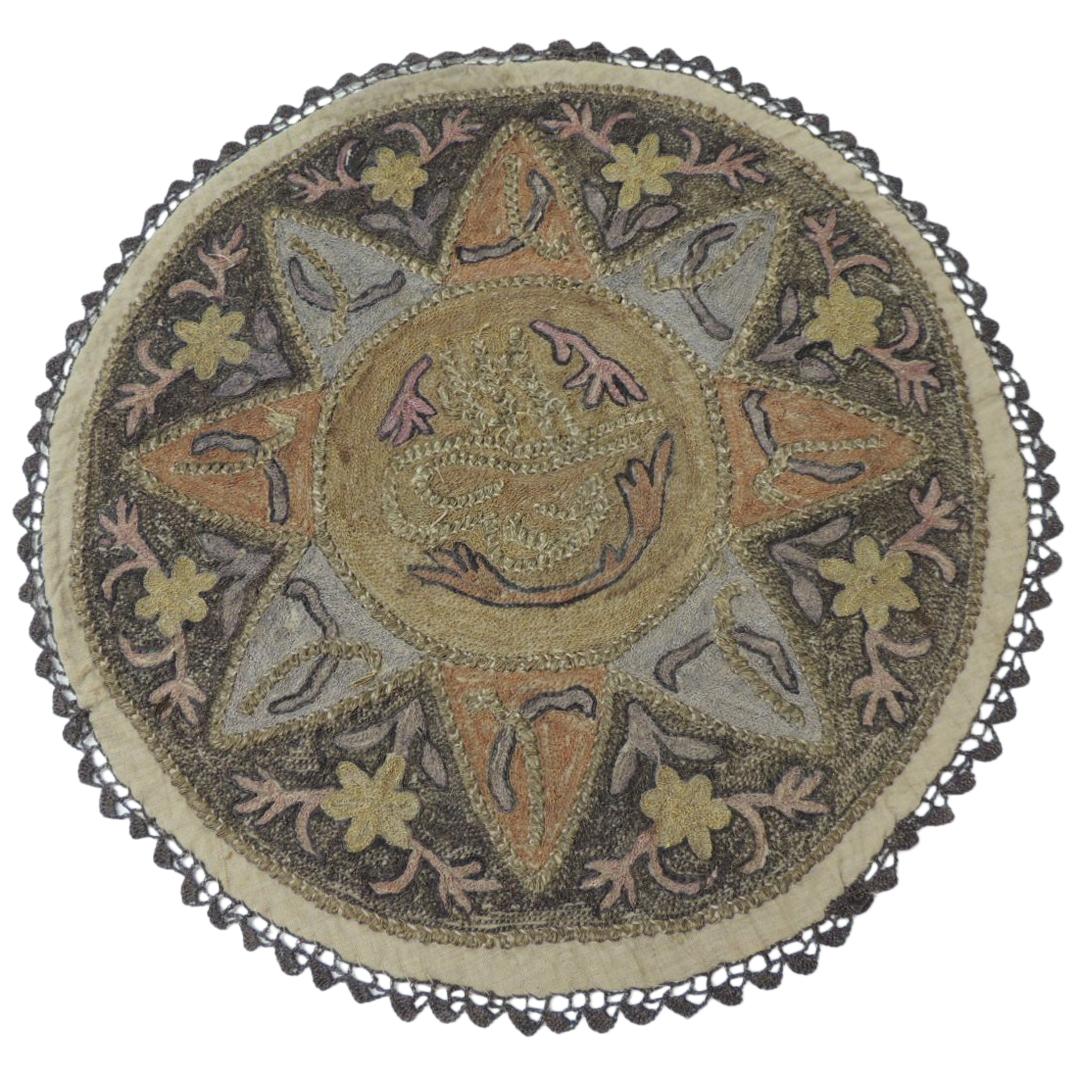 Round Ottoman Empire Turkish Embroidery Tughra Textile Panel