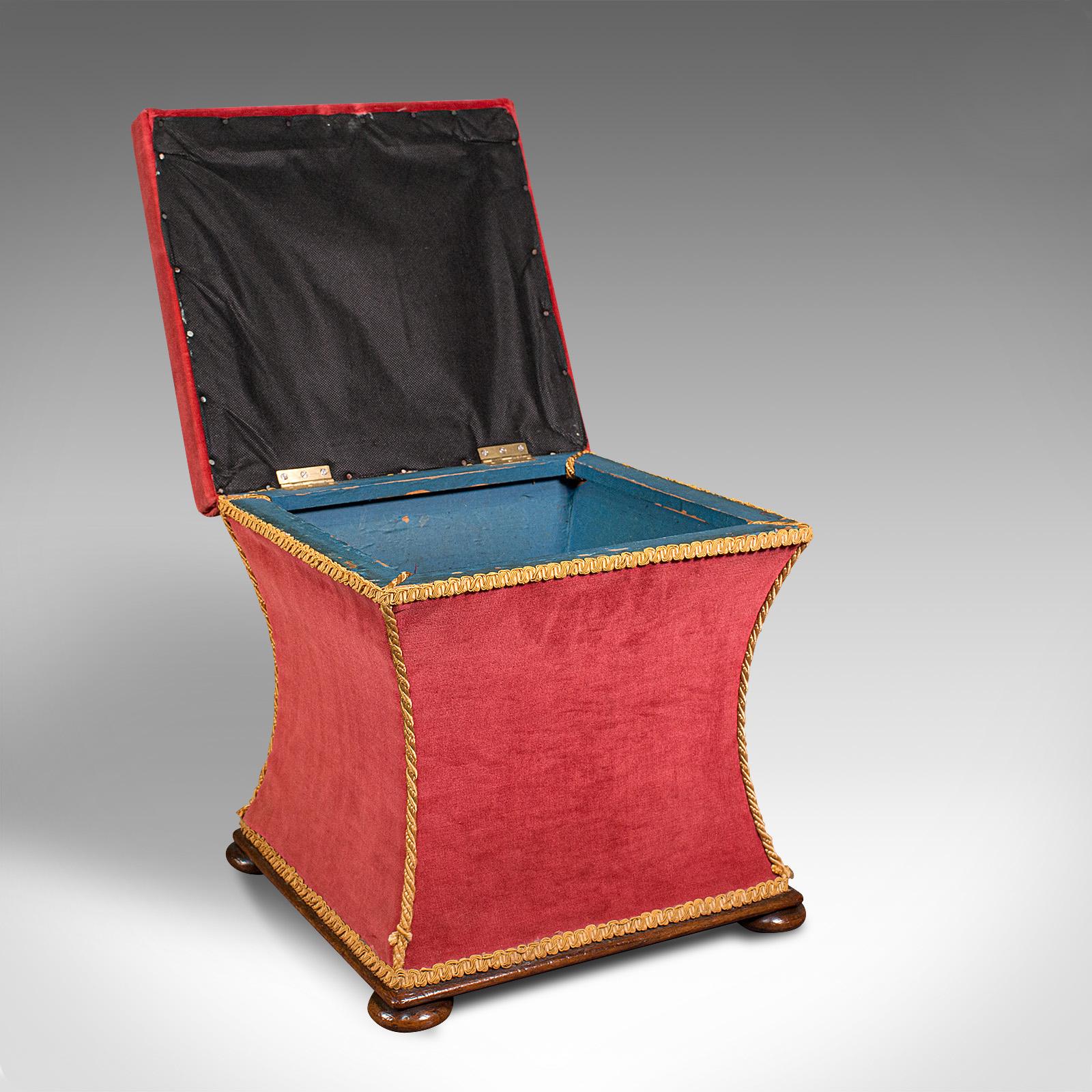 This is an antique ottoman. An English, velour dressing or sewing stool, dating to the Victorian period, circa 1890.

Captivating colour and appealing form
Displays a desirable aged patina - some small marks under close inspection
Dressed in