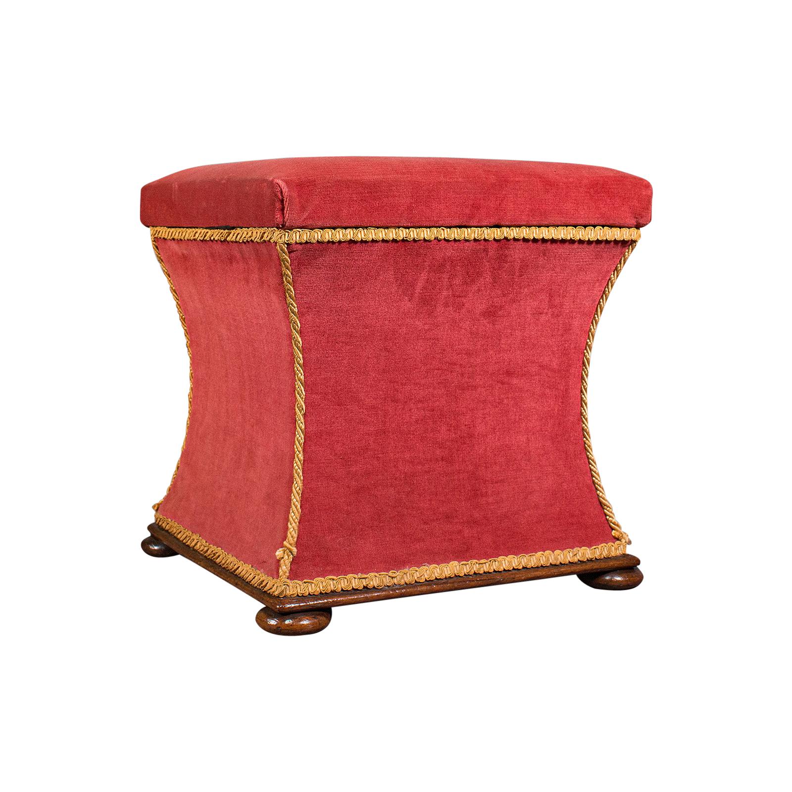 Antique Ottoman, English, Velour, Dressing, Sewing Stool, Victorian, Circa 1890