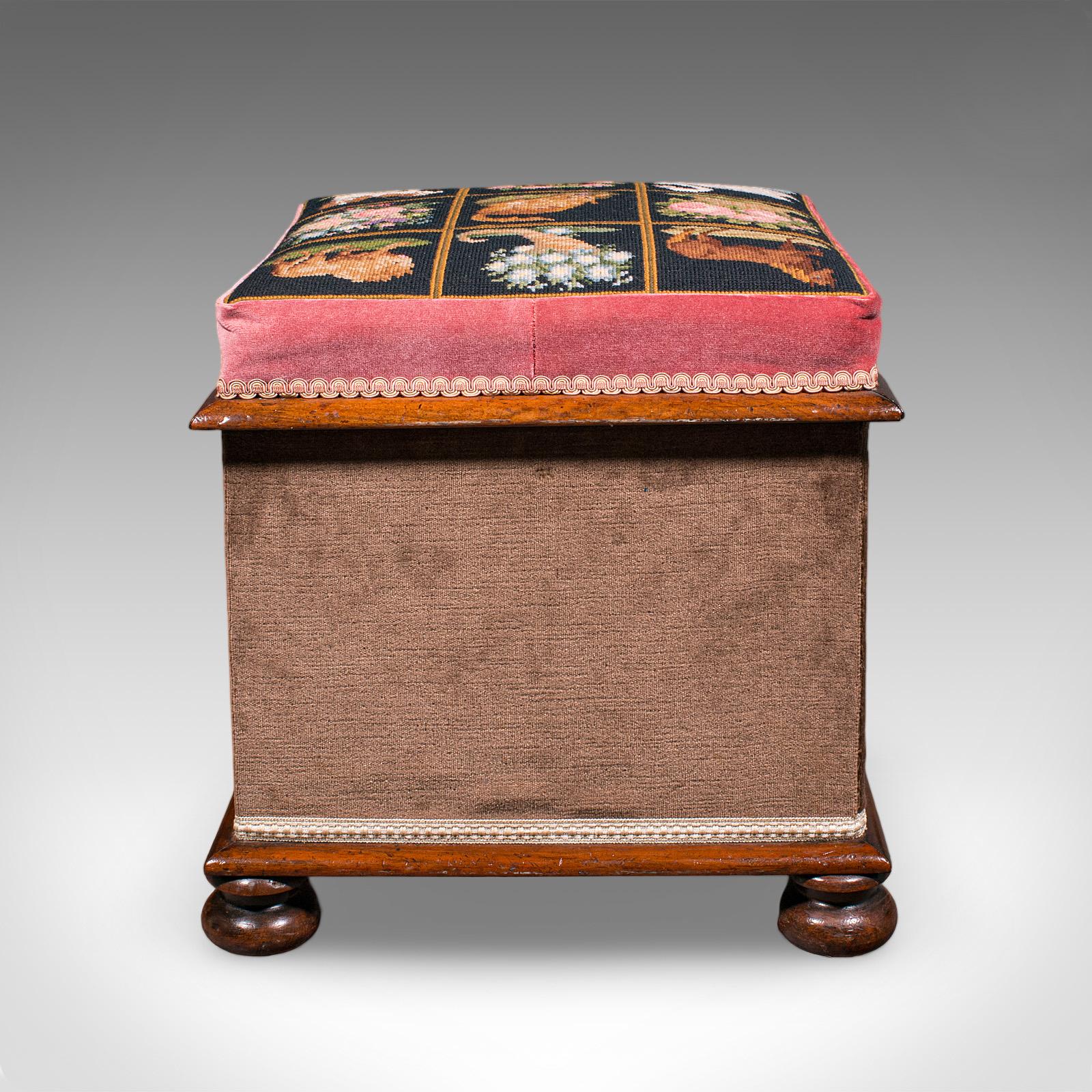 Antiguo Escabel Otomano, Inglés, Punto de Aguja, Taburete Vestidor, Victoriano, 1860 en Bueno estado para la venta en Hele, Devon, GB