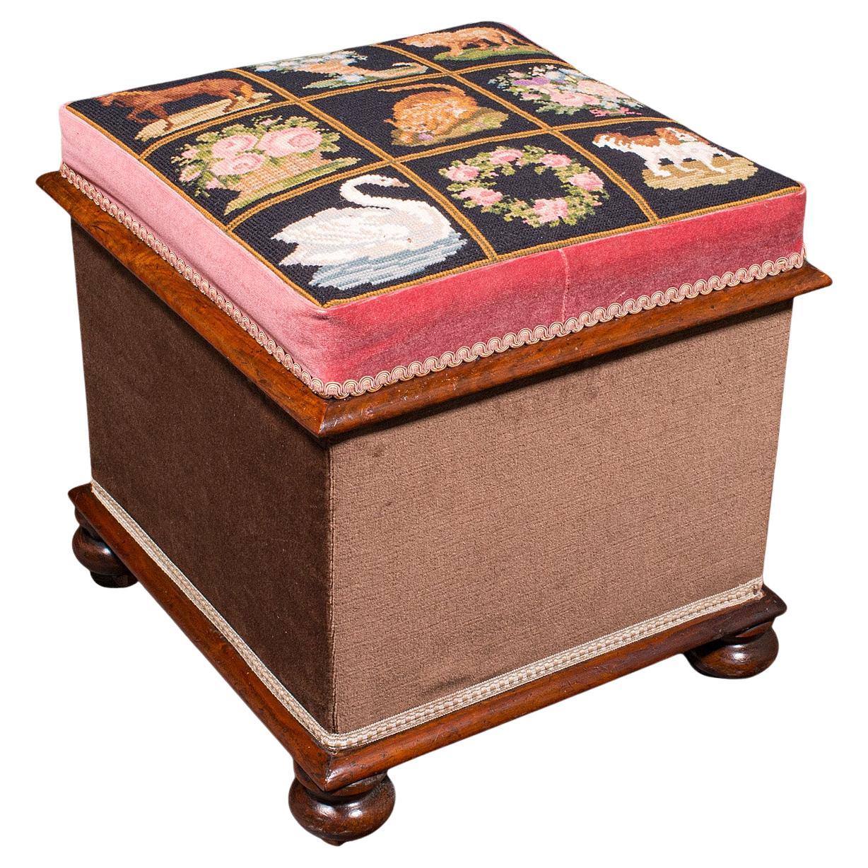 Antique Ottoman Footstool, English, Needlepoint, Dressing Stool, Victorian, 1860