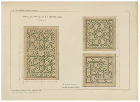 Antique Ottoman Geometric Door Panels Print, Islamic Woodwork Designs, 1924