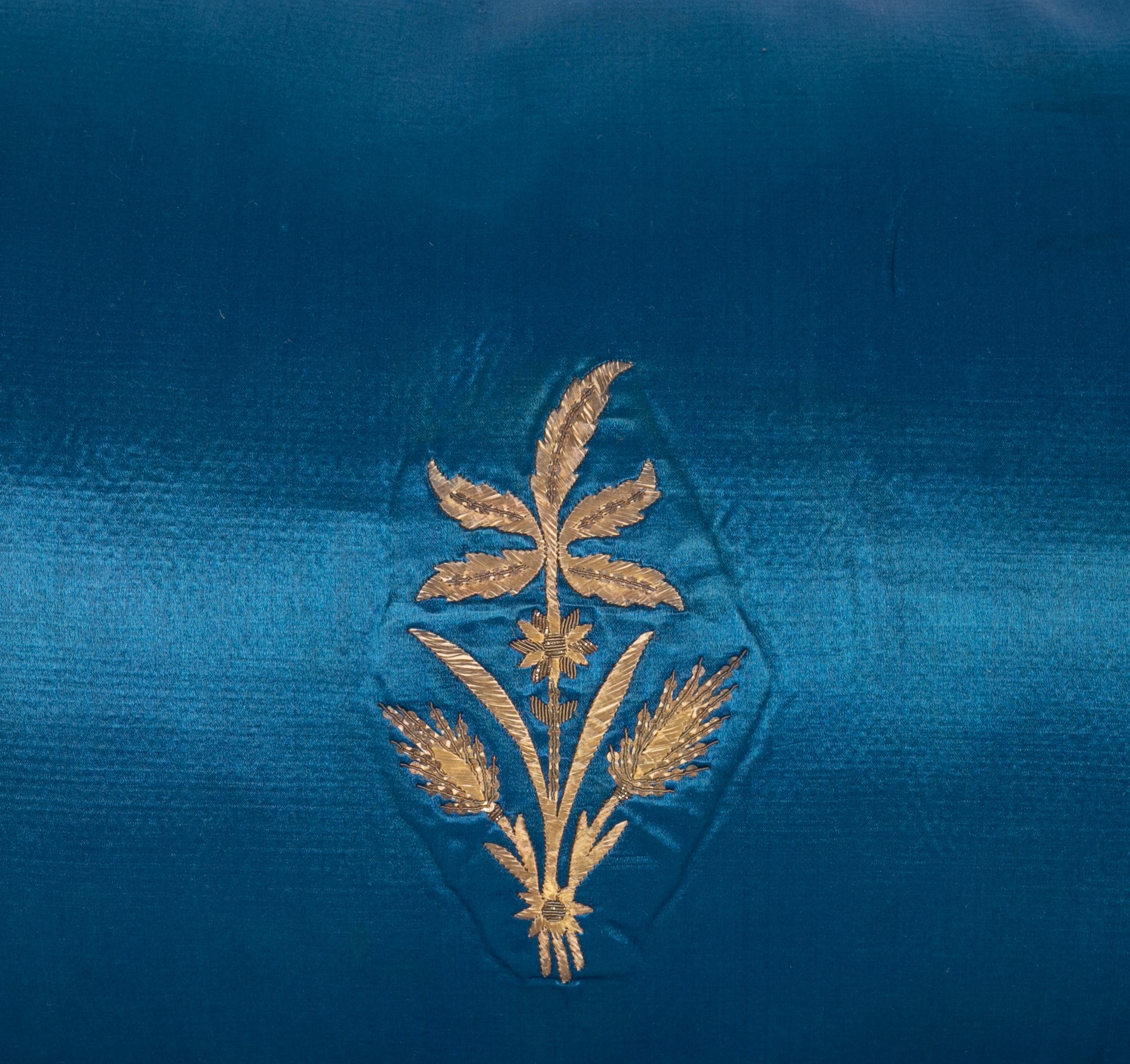 Embroidered Antique Ottoman, Gold on Blue Pillow Cases, Late 19th c. For Sale