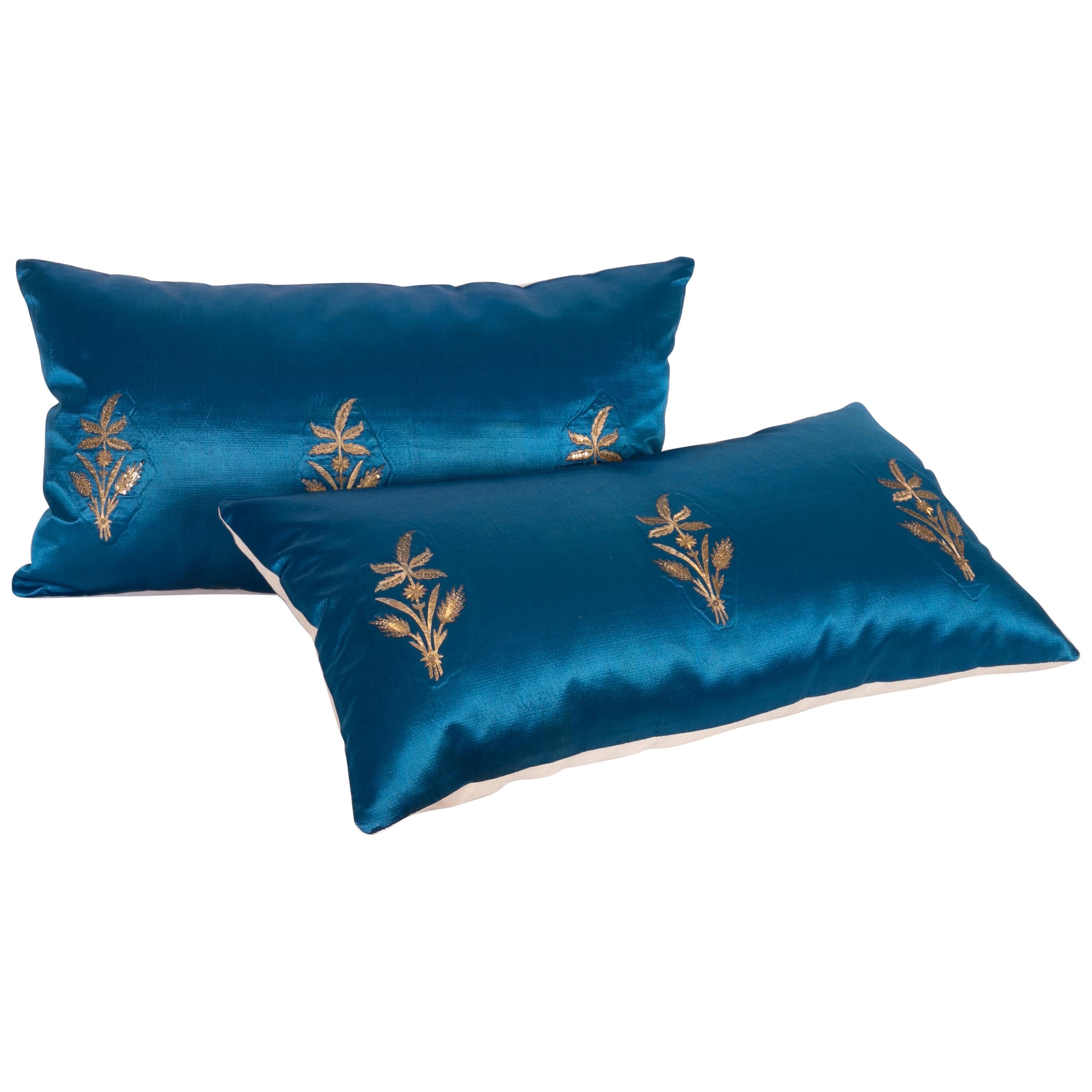 Antique Ottoman, Gold on Blue Pillow Cases, Late 19th c. For Sale