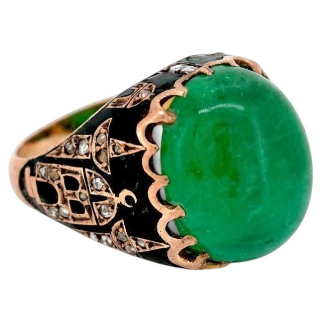 Antique Ottoman Gold Ring — 12ct Natural Ural Emerald & Diamonds  19th century For Sale