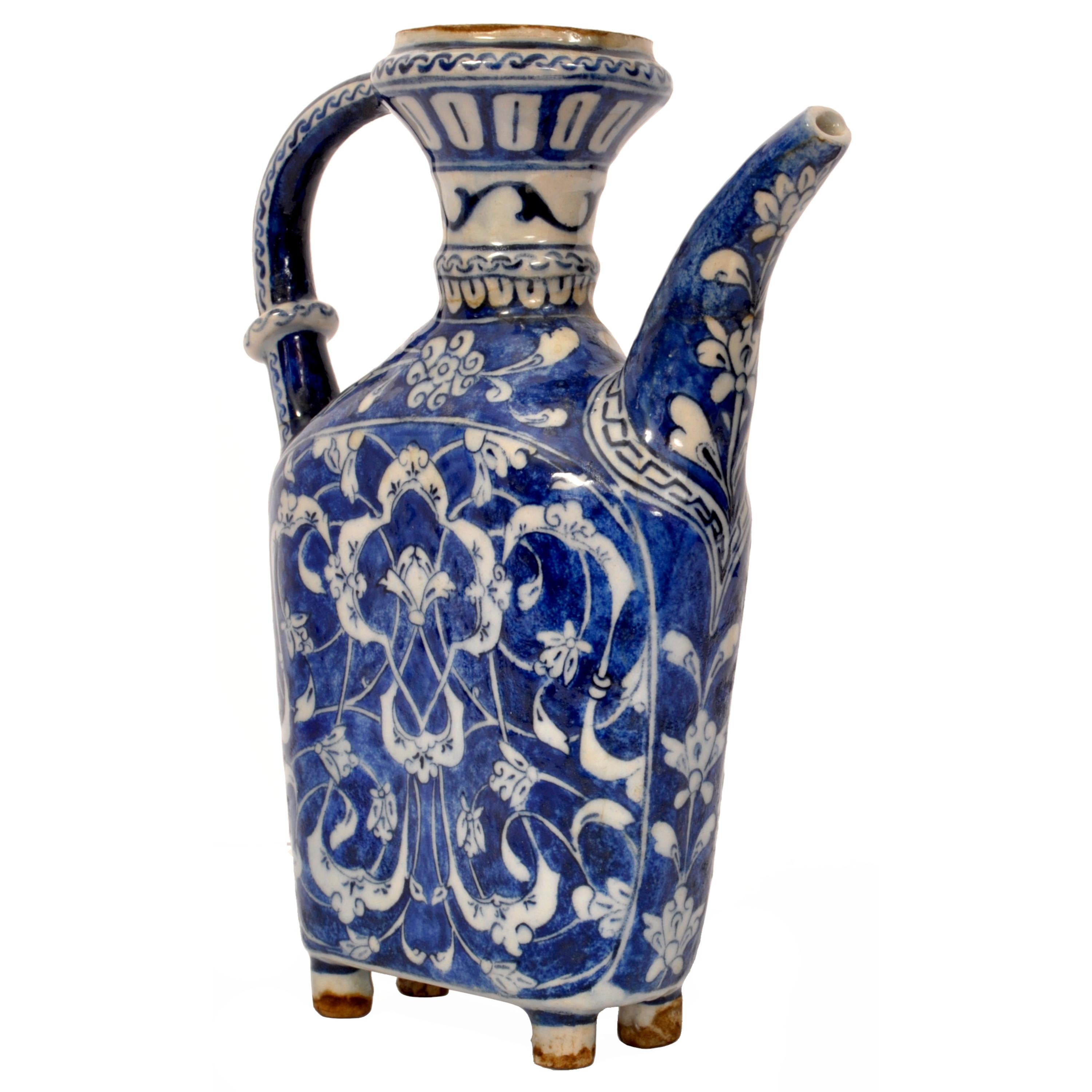 Turkish Antique Ottoman Islamic Blue & White Iznik Pottery Water Jug Ewer Turkey, 1650