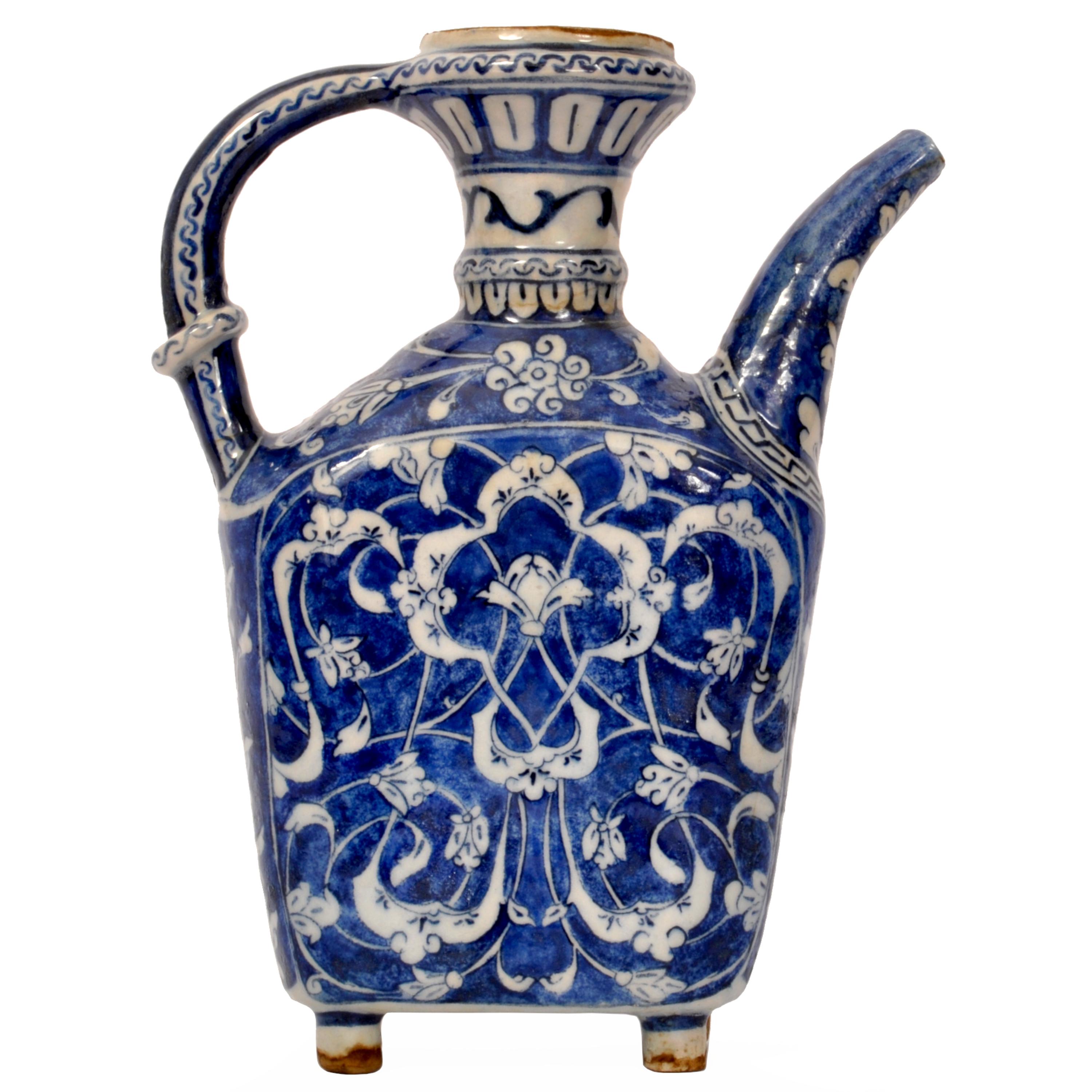 Glazed Antique Ottoman Islamic Blue & White Iznik Pottery Water Jug Ewer Turkey, 1650
