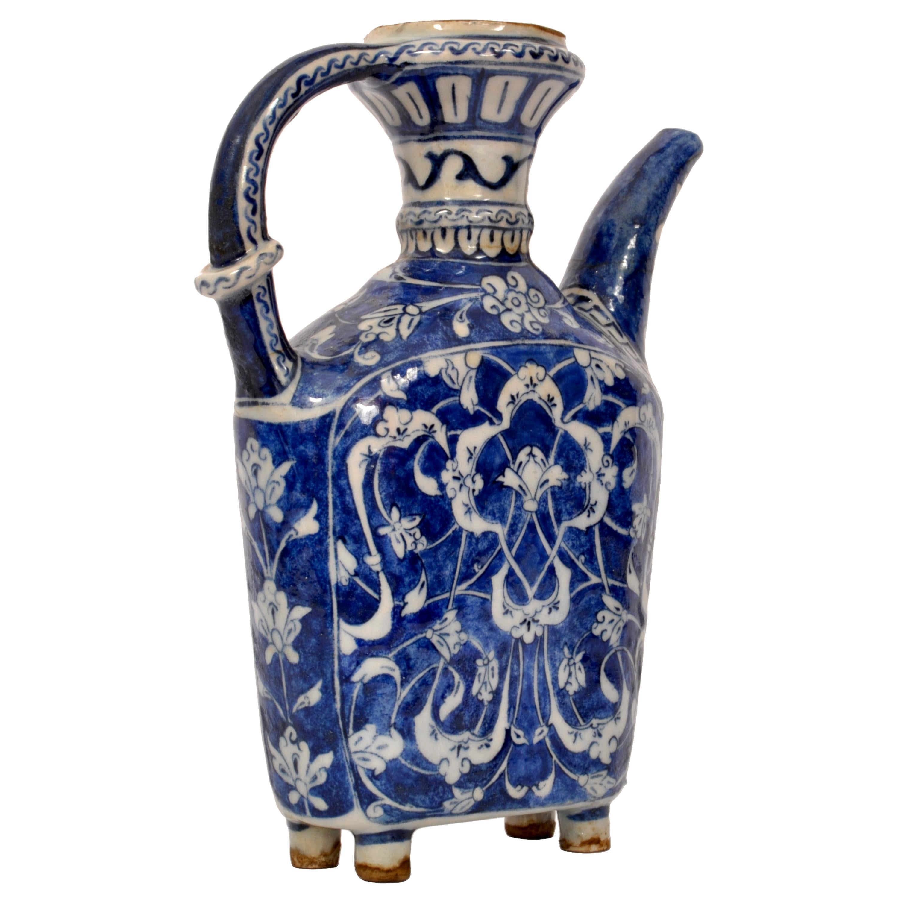 Antique Ottoman Islamic Blue & White Iznik Pottery Water Jug Ewer Turkey, 1650 In Good Condition In Portland, OR