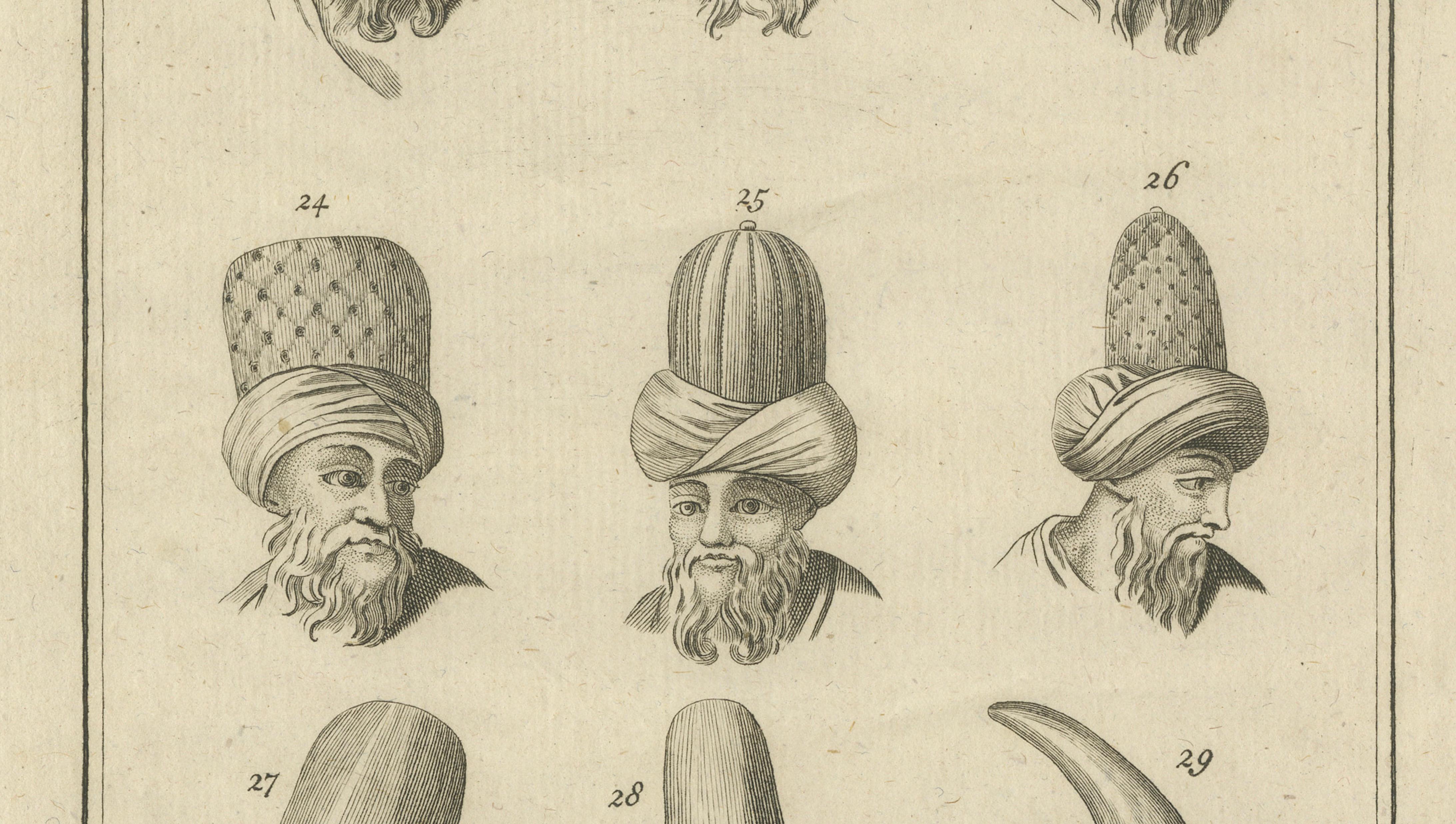 Antique Ottoman Turban Study, 18th Century Costume Headgear Engraving, ca.1774