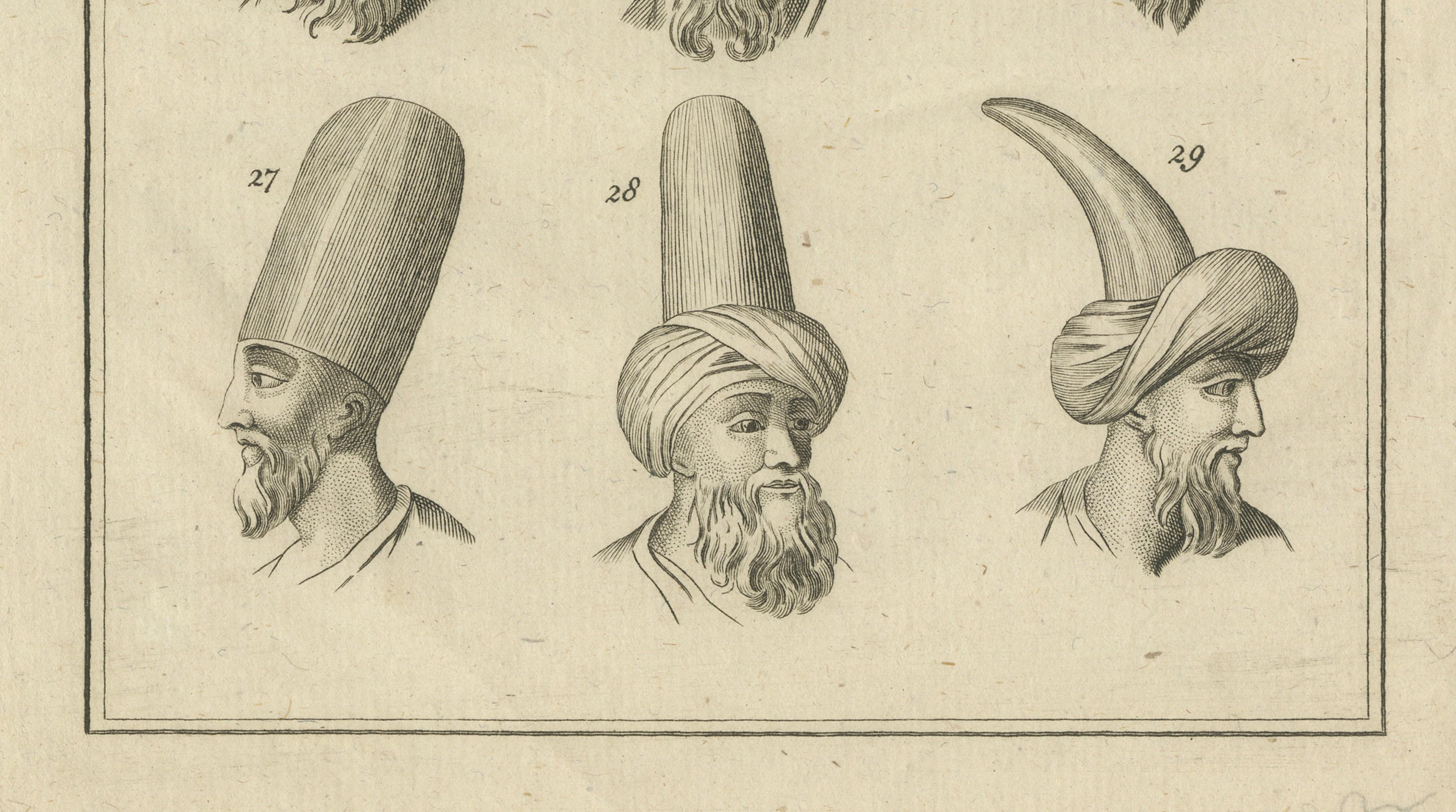 Antique Ottoman Turban Study, 18th Century Costume Headgear Engraving, ca.1774