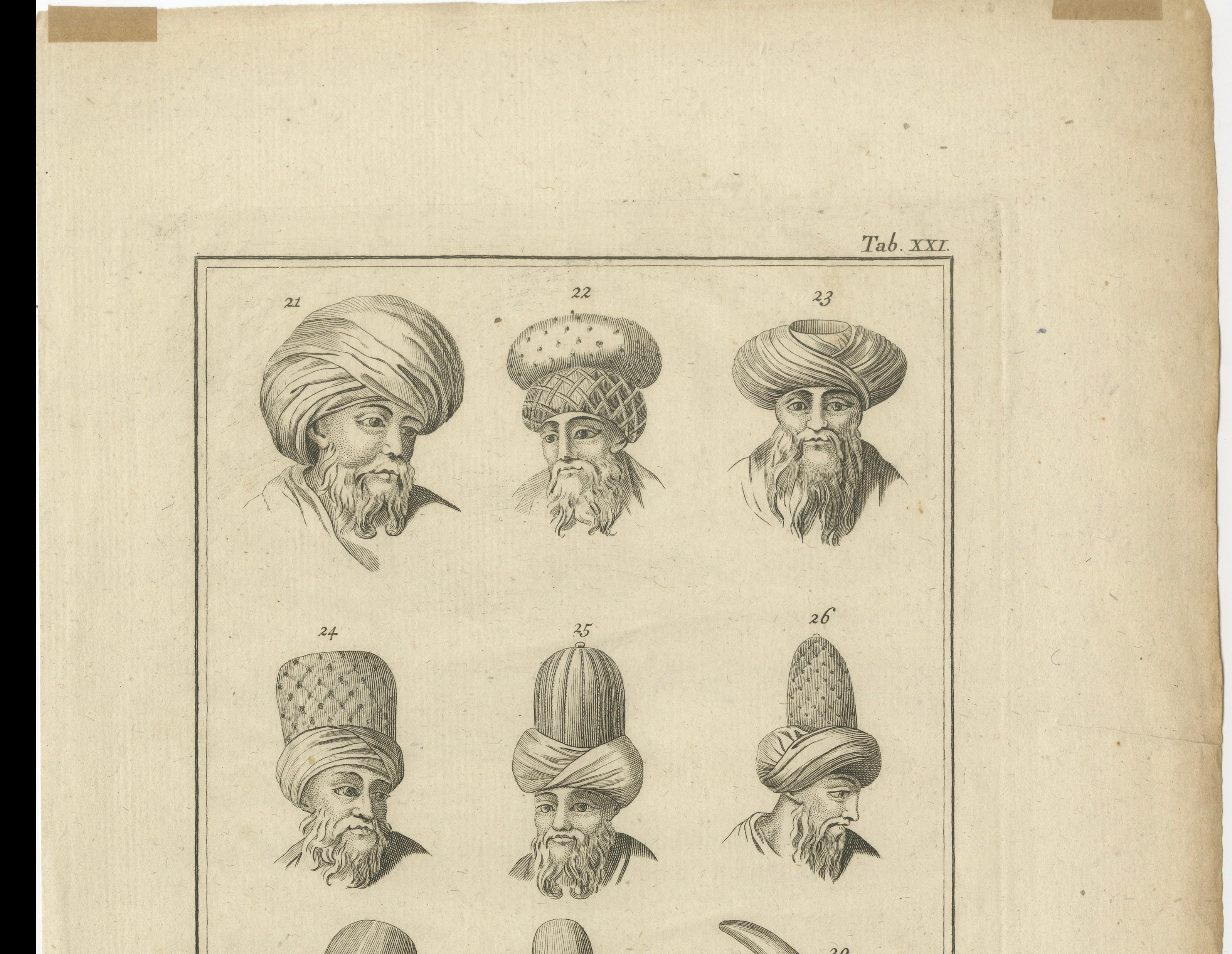 Antique Ottoman Turban Study, 18th Century Costume Headgear Engraving, ca.1774