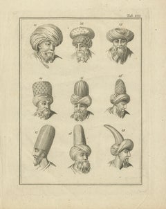 Antique Ottoman Turban Study, 18th Century Costume Headgear Engraving, ca.1774