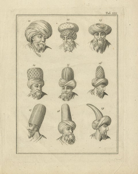 Antique Ottoman Turban Study, 18th Century Costume Headgear Engraving, ca.1774