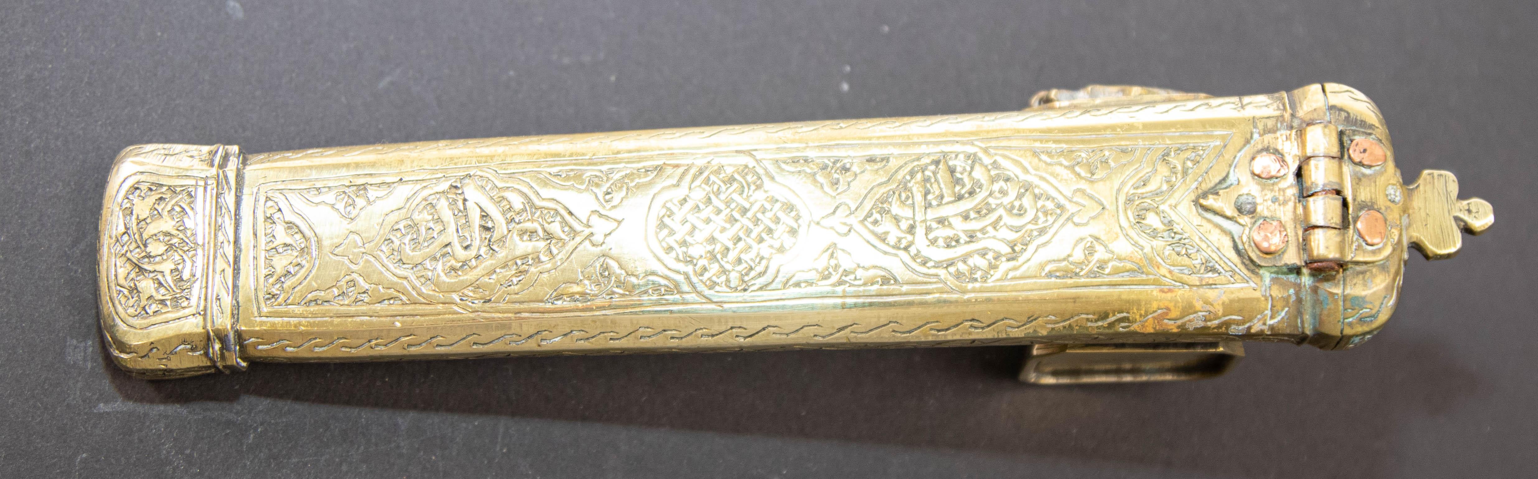 Antique Ottoman Turkish Brass Inkwell Qalamdan with Arabic Calligraphy Writing For Sale 6