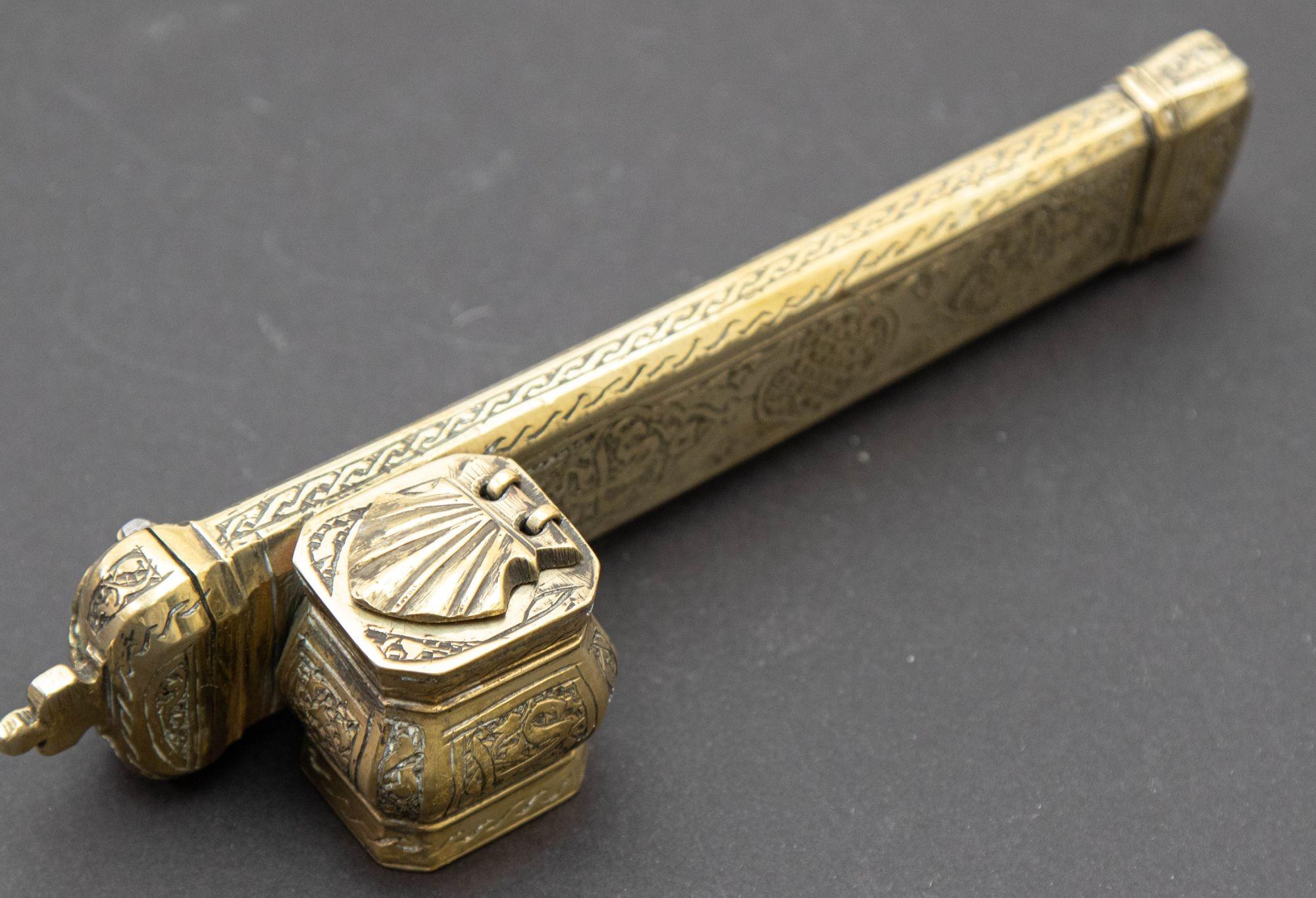 Antique Ottoman Turkish Brass Inkwell Qalamdan with Arabic Calligraphy Writing For Sale 1