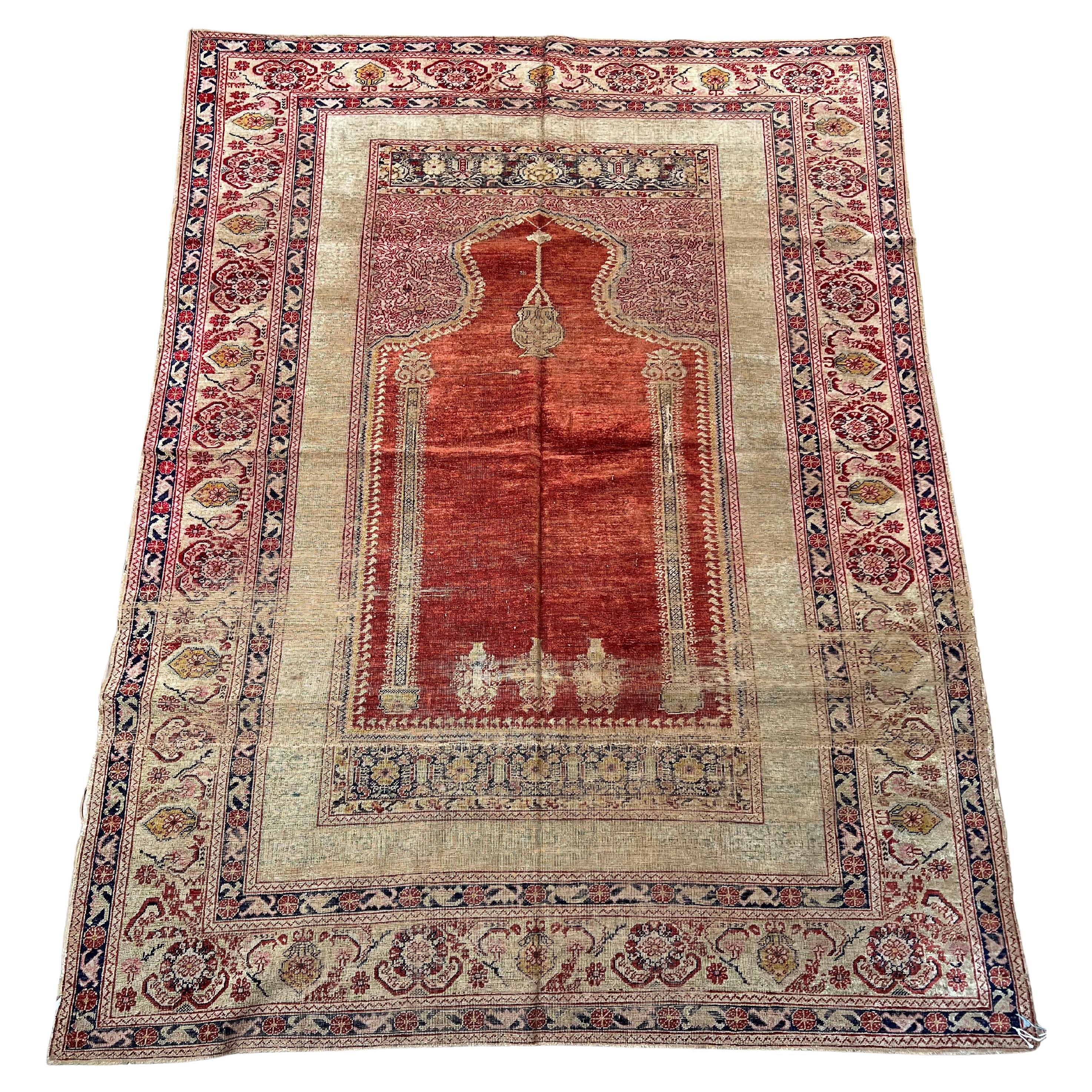 Antique Ottoman Turkish Silk Prayer Rug, c. Late 18th Century 4’6 x 6’2