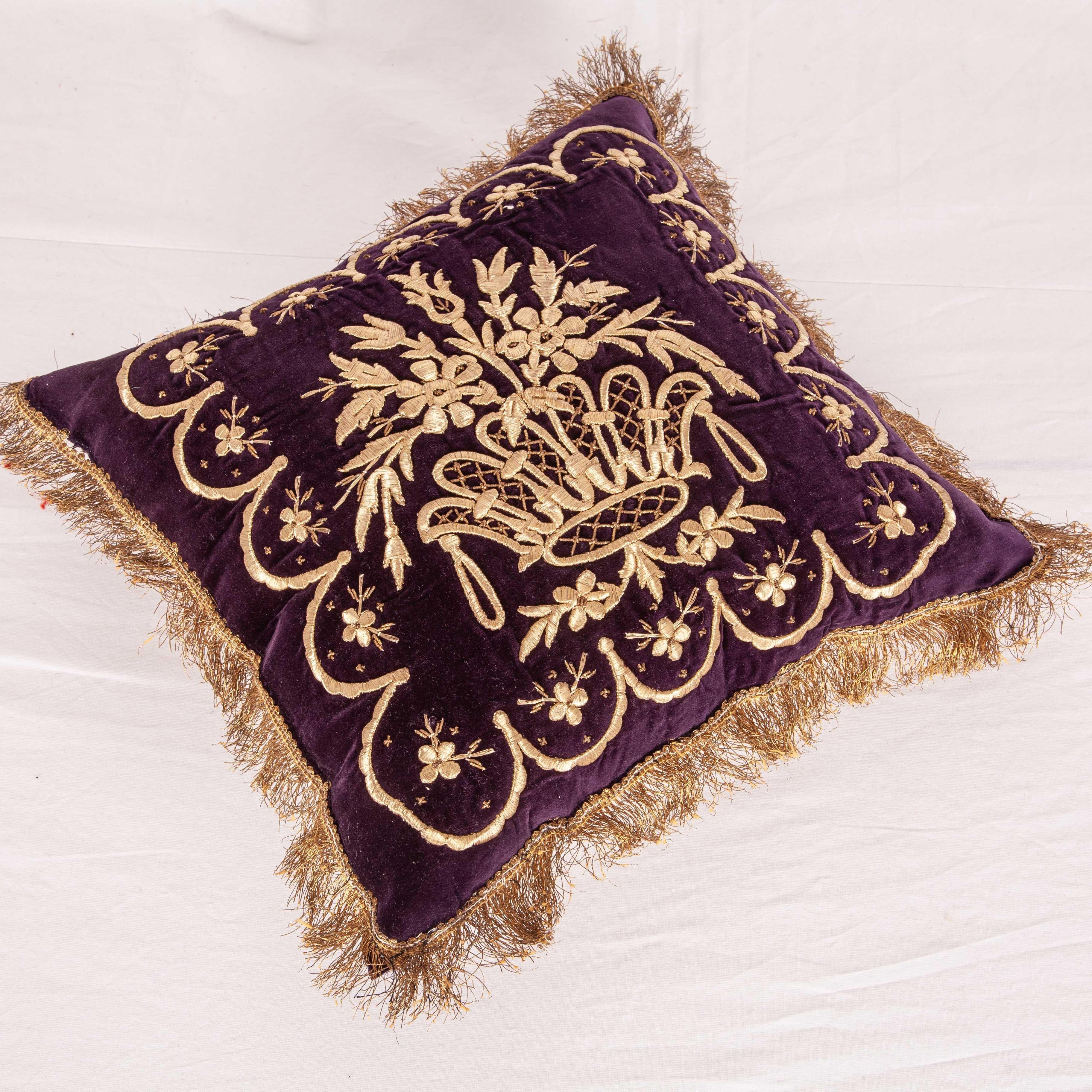 Embroidered Antique Ottoman Turkish Velvet Metallic Thread Embroidery Pillow Case