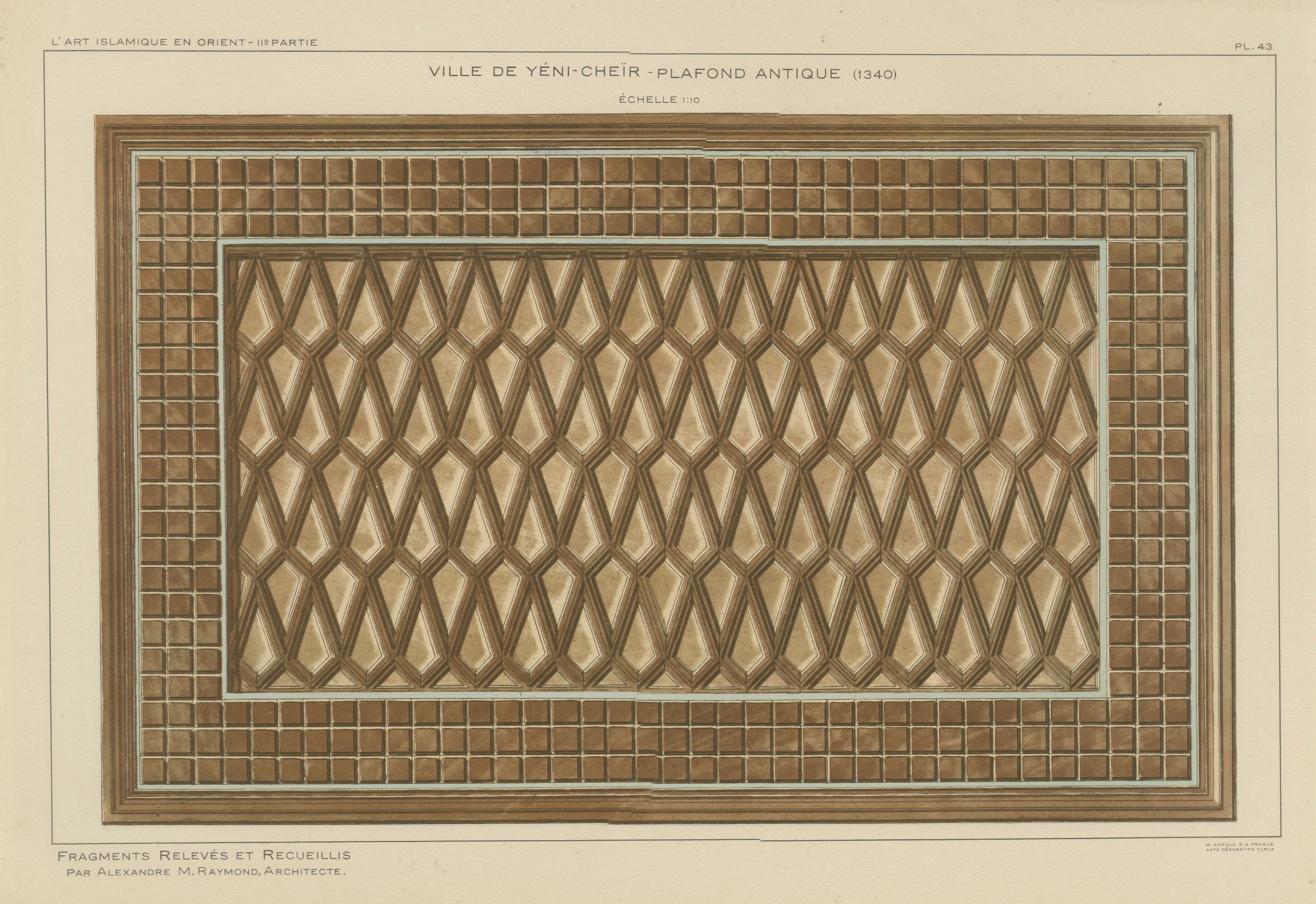 Antique Ottoman Wooden Ceiling Design Print, Yenişehir, Anatolia, Published 1924