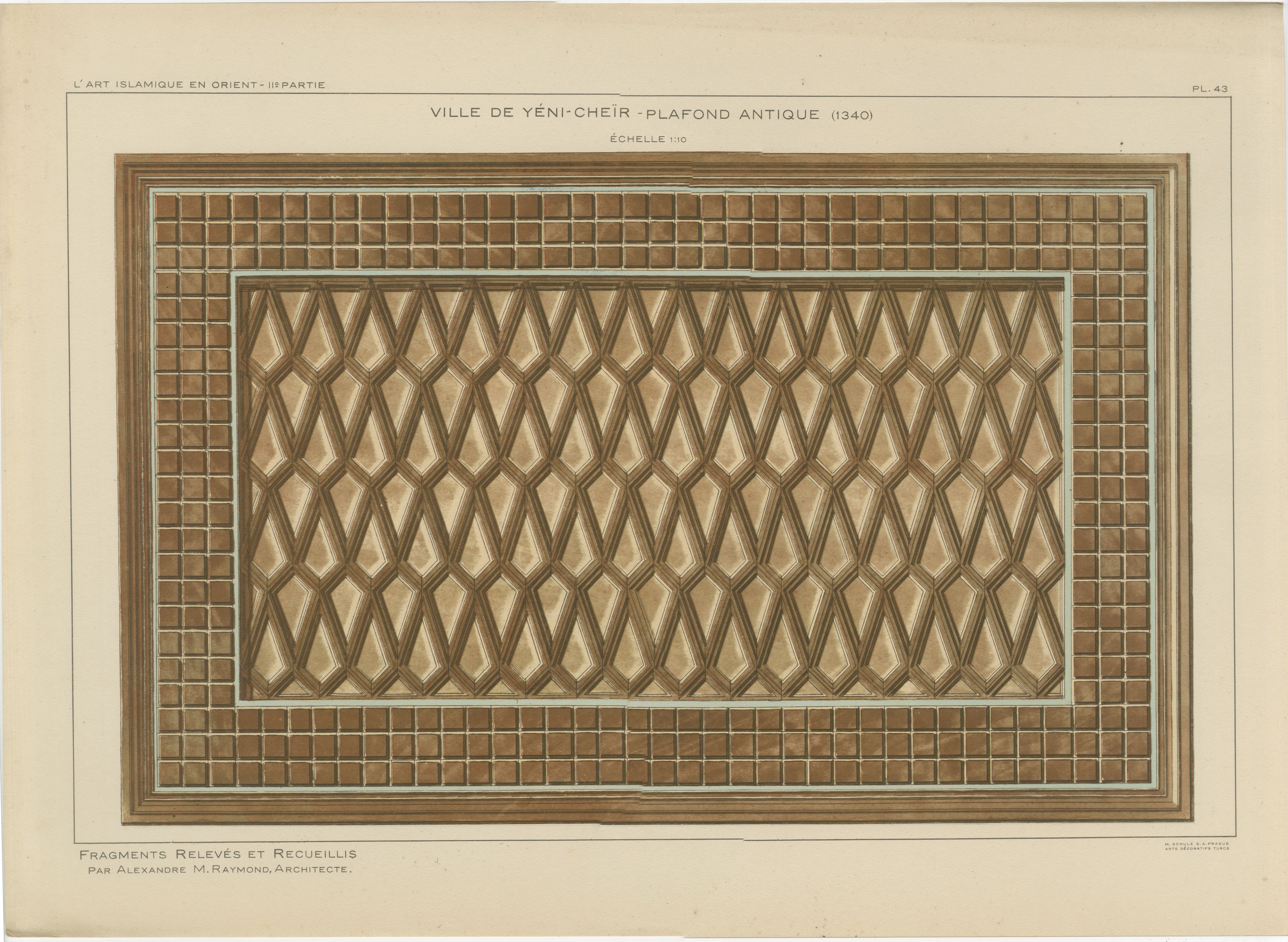 Antique Ottoman Wooden Ceiling Design Print, Yenişehir, Anatolia, Published 1924