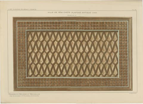 Antique Ottoman Wooden Ceiling Design Print, Yenişehir, Anatolia, Published 1924