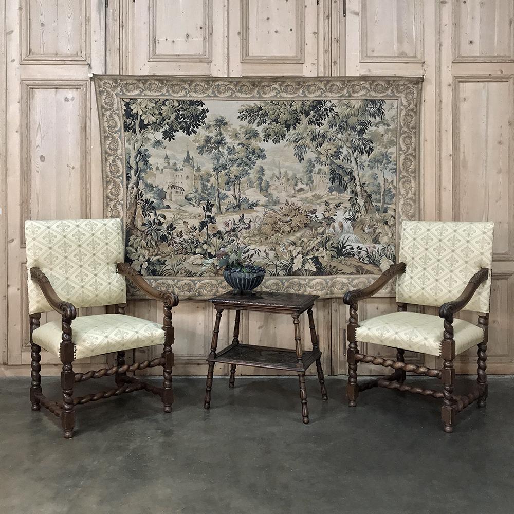 Antique Oudenaarde style tapestry recalls the glory years of the hand-woven tapestries from Flanders that adorned castles and palaces across Europe! Combining a decorative accent with the warmth provided by the woven wool over the stone walls,