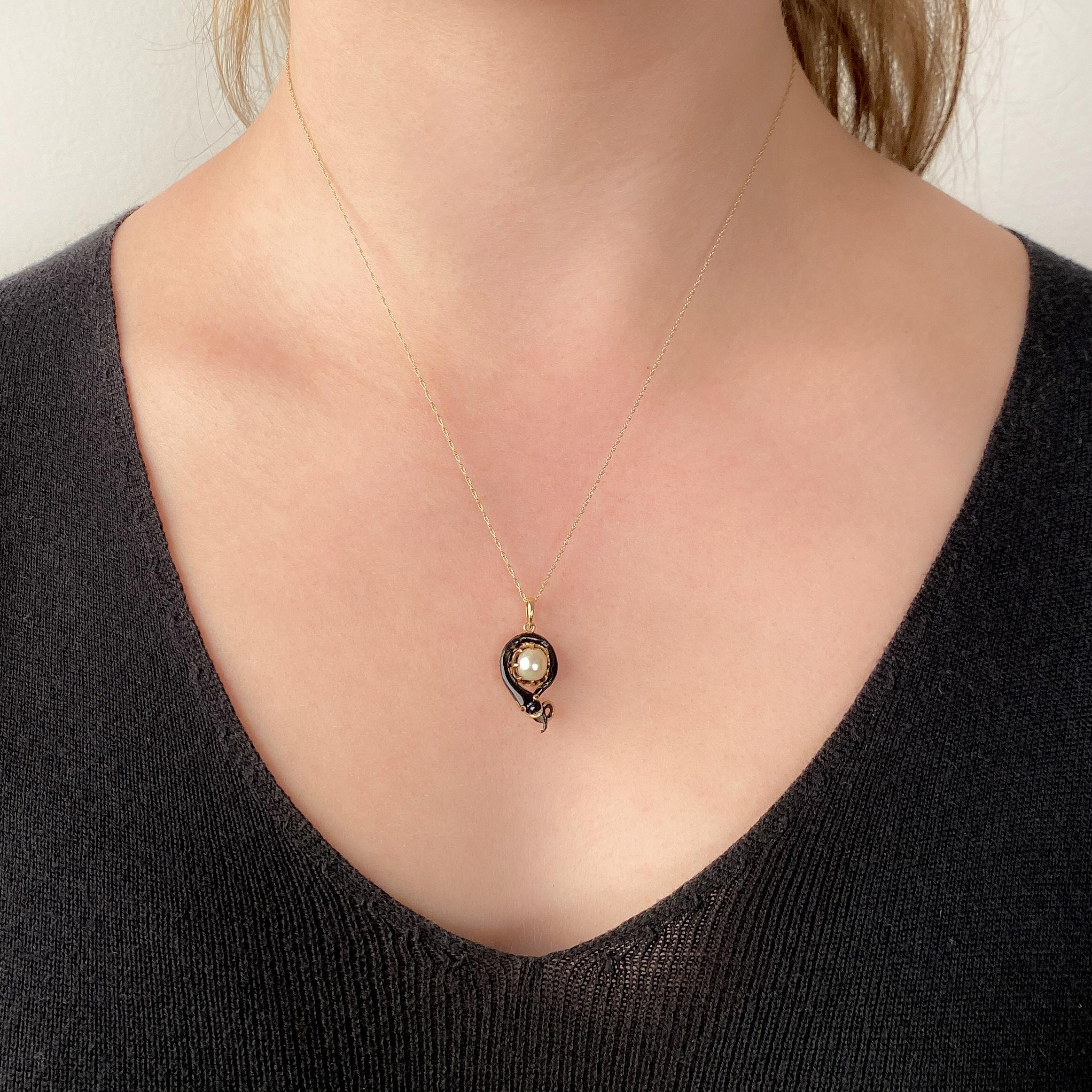 Rough Cut Antique Ouroboros Snake Pendant of Enamel Pearl and 12k Gold For Sale