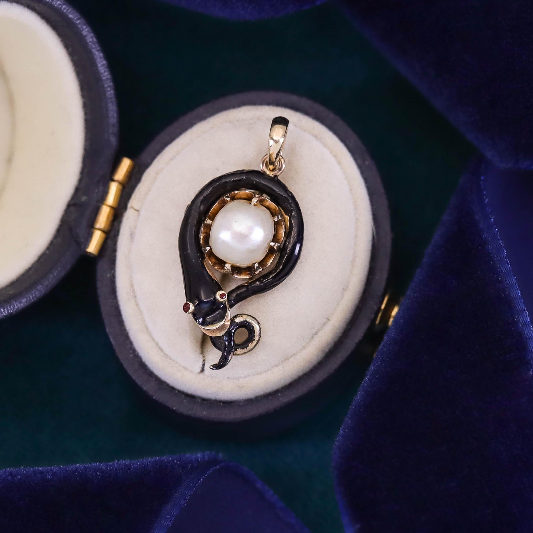 Antique Ouroboros Snake Pendant of Enamel Pearl and 12k Gold In Fair Condition For Sale In Lewisburg, PA
