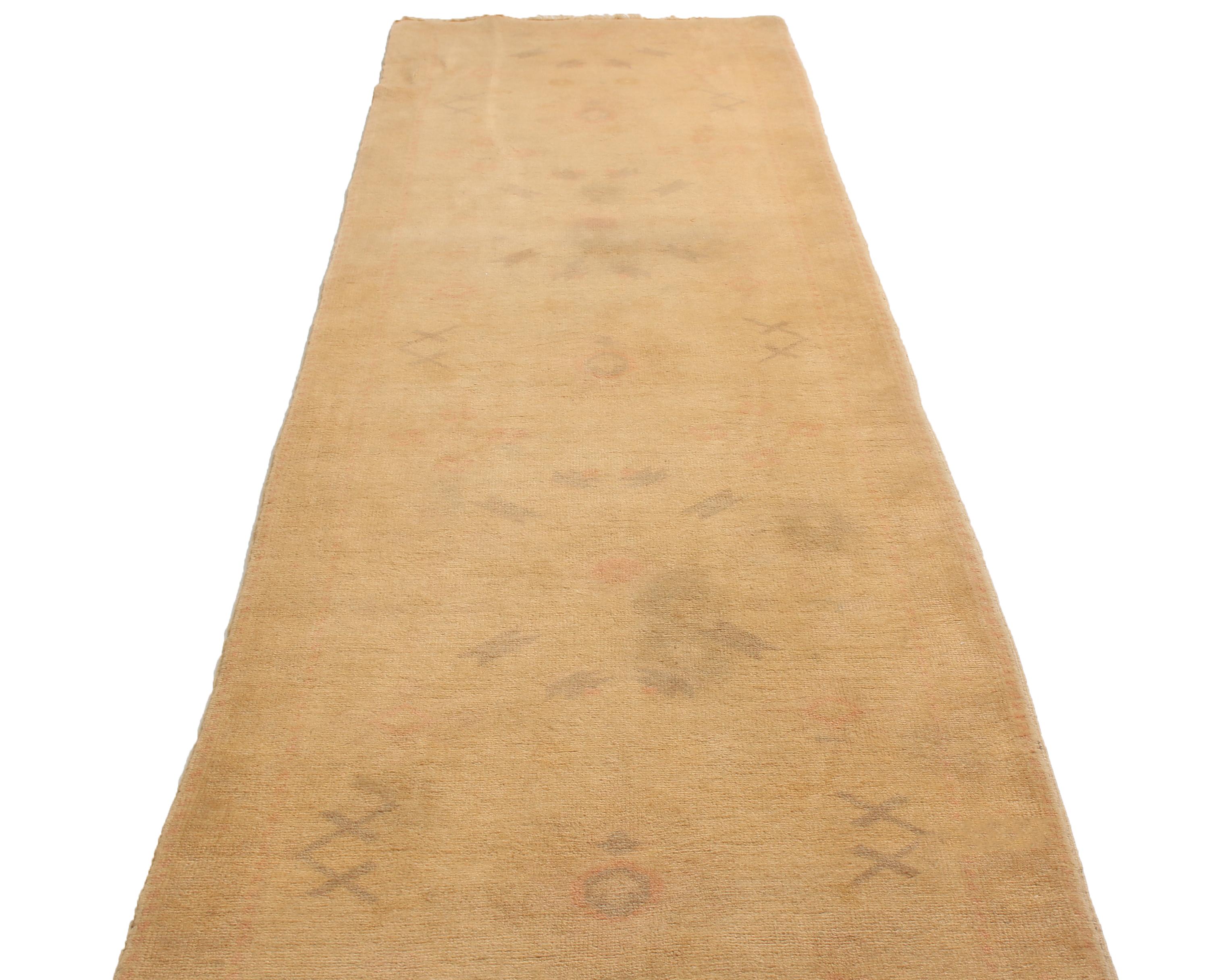 Hand-Knotted Antique Oushak Beige and Blue Wool Runner