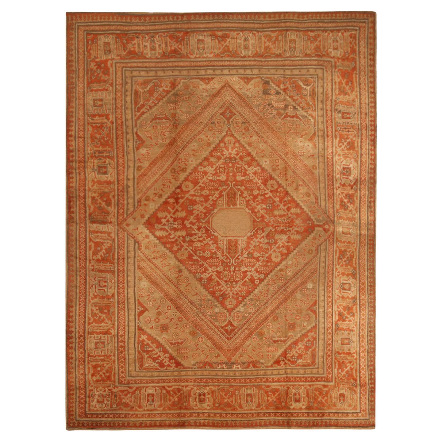 Antique Oushak Beige and Red Wool Rug with Medallion Field Design by Rug & Kilim