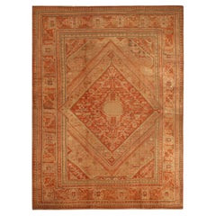 Antique Oushak Beige and Red Wool Rug with Medallion Field Design by Rug & Kilim