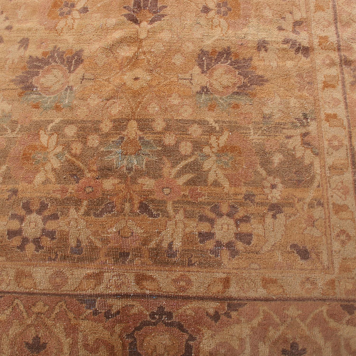 Turkish Antique Oushak Beige-Brown and Peach Wool Floral Rug