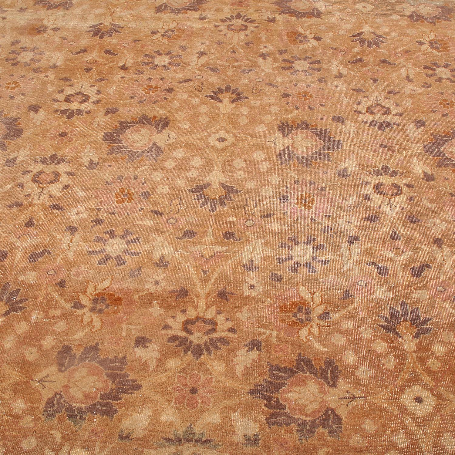 Hand-Knotted Antique Oushak Beige-Brown and Peach Wool Floral Rug