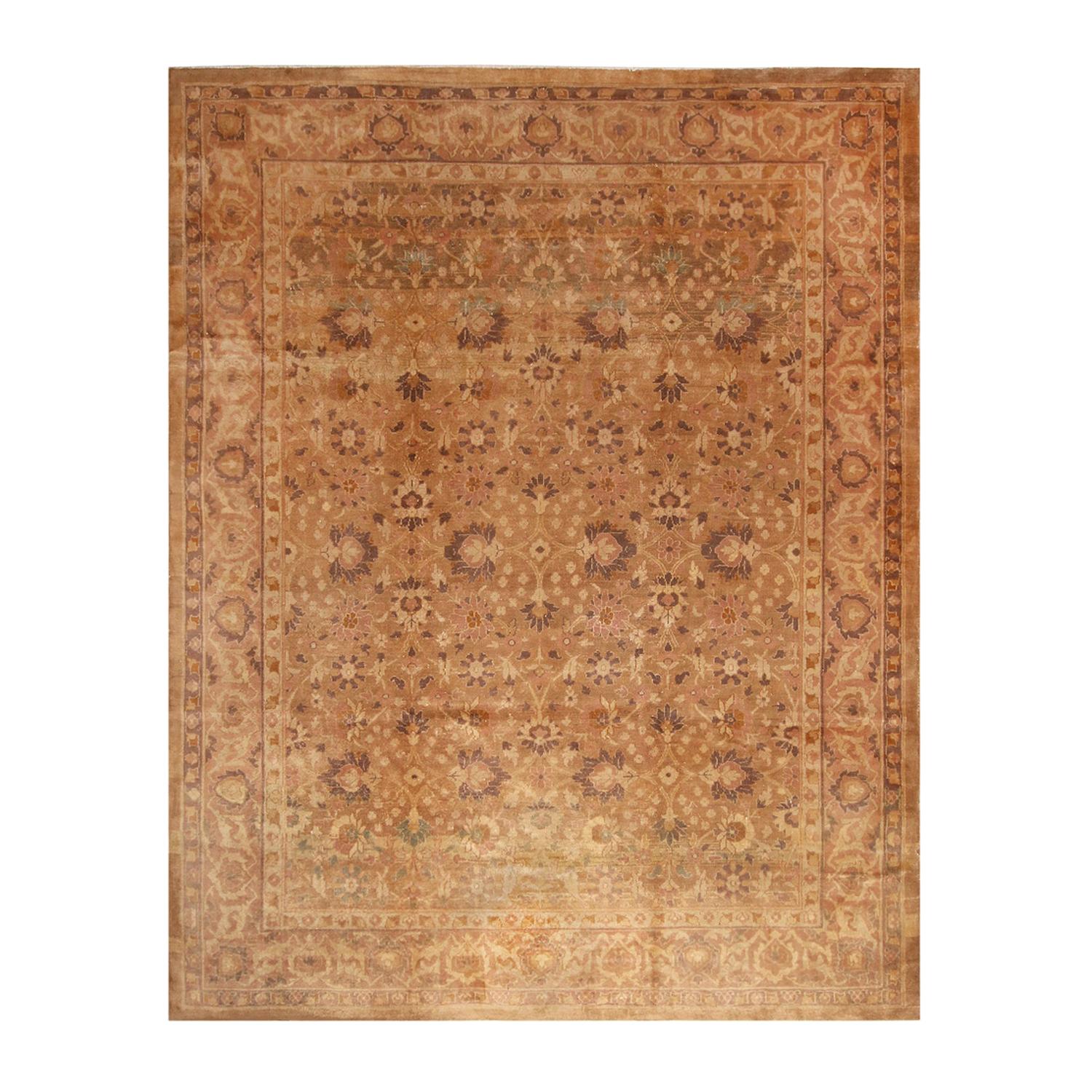Antique Oushak Beige-Brown and Peach Wool Floral Rug