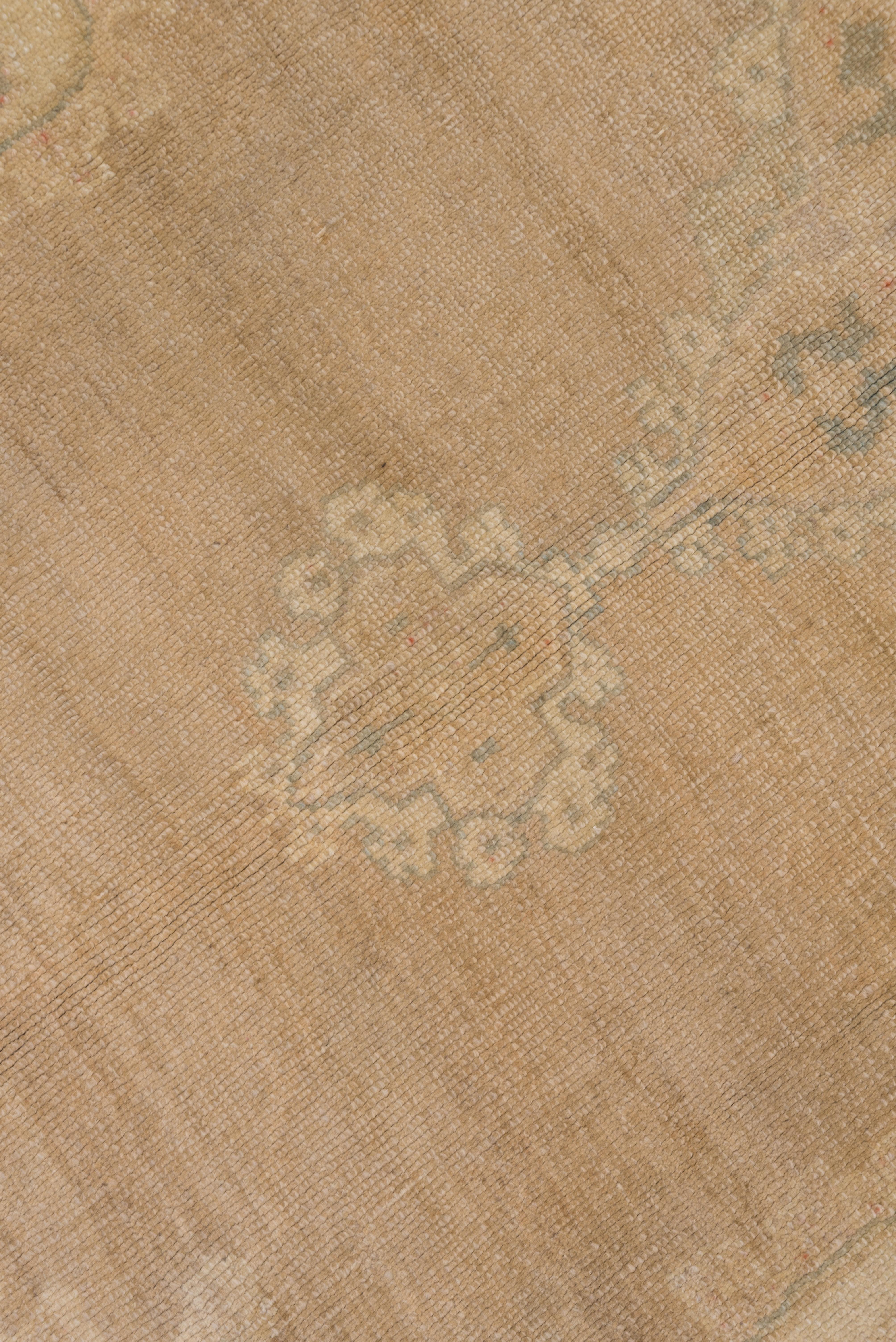 A pointed and pendanted oval sand medallion is set on the open beige field within dandy corners enclosing flowers. The rust brown main border shows stencil simple palmettes and a voluted vine with light green accents. At each field end is a