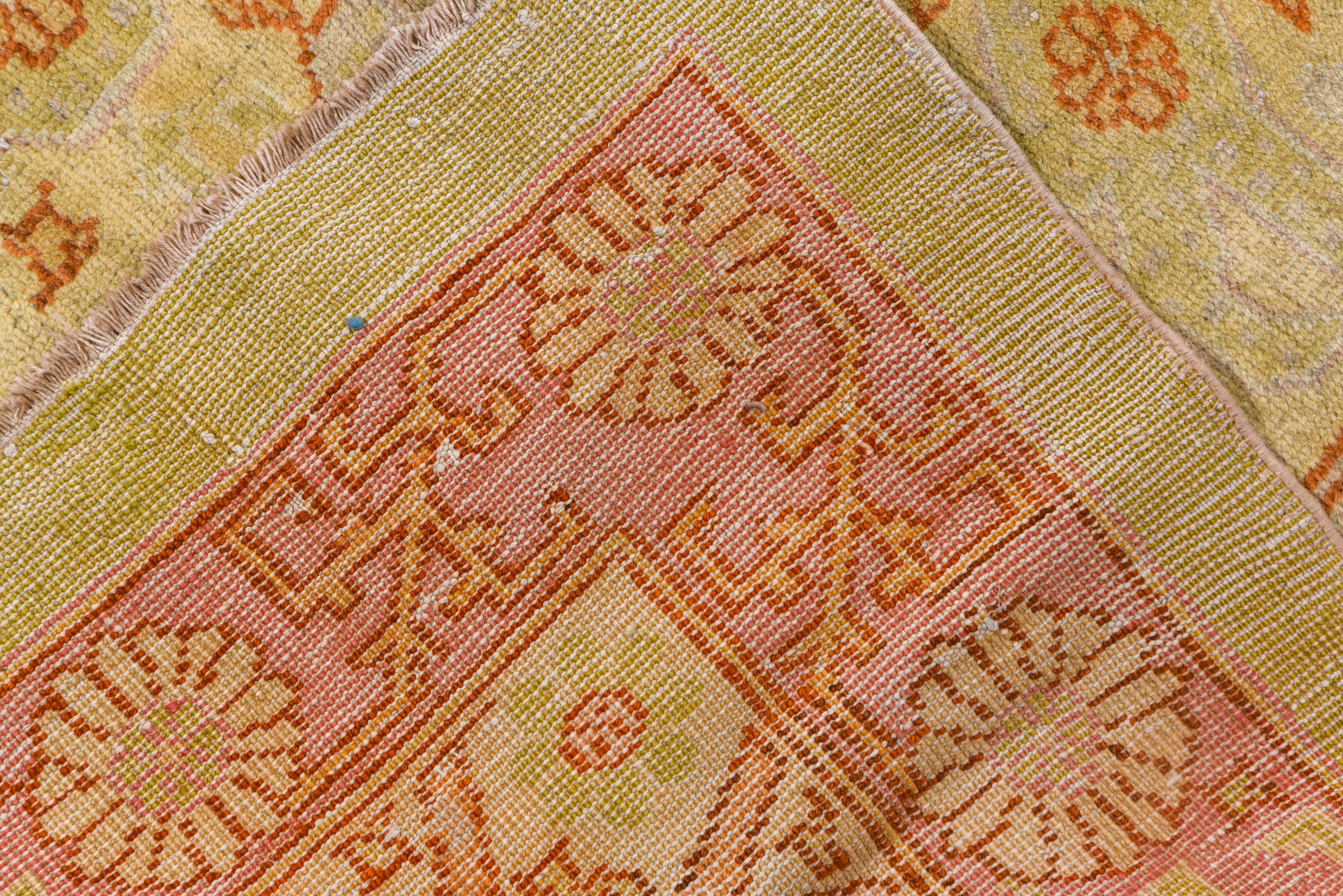 Wool Antique Oushak Carpet, Green Field, Soft Tones, circa 1920s For Sale