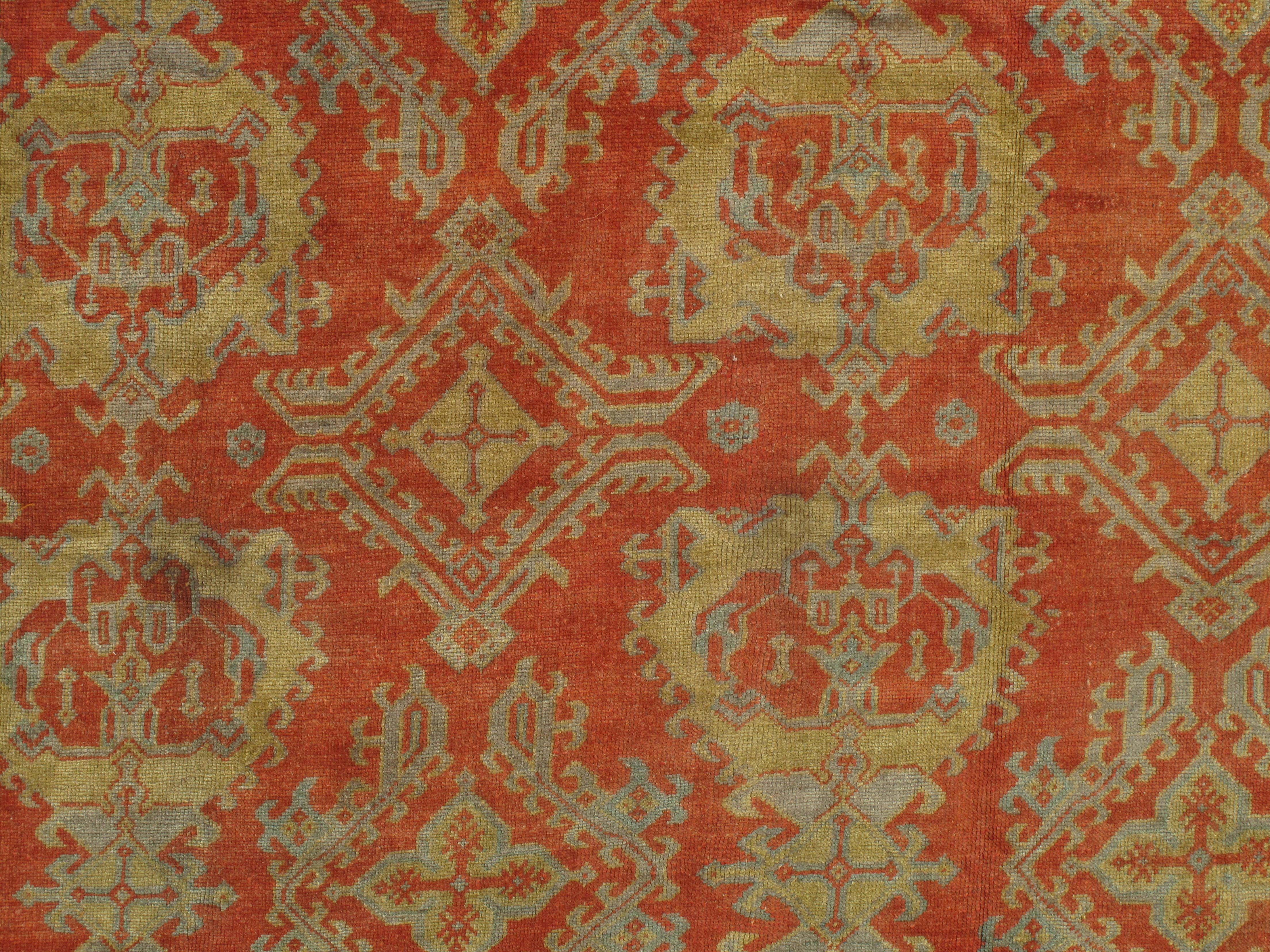 Antique Oushak Carpet, Handmade Oriental Rug, Coral Field, Gold and Gray For Sale 3