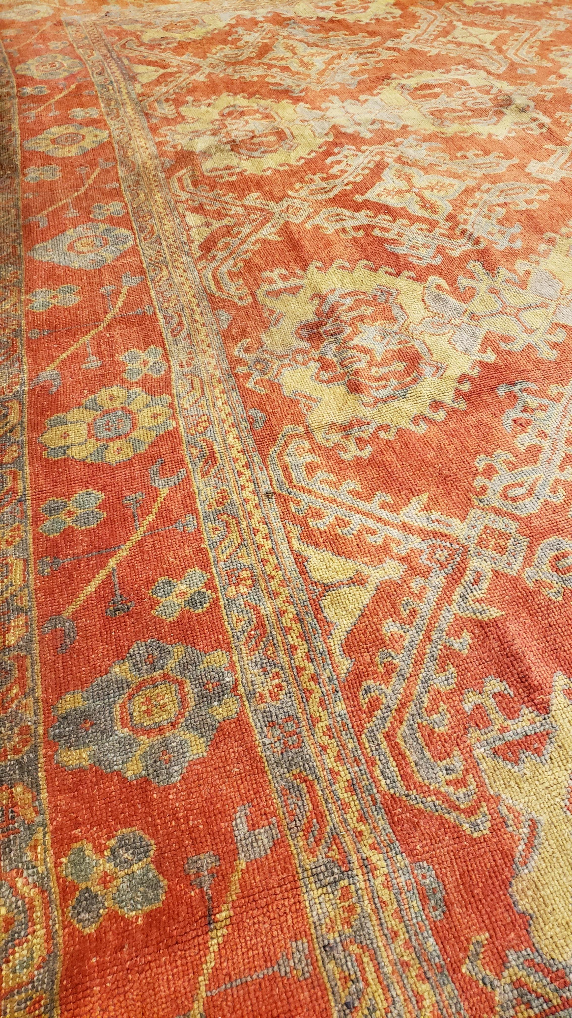 Turkish Antique Oushak Carpet, Handmade Oriental Rug, Coral Field, Gold and Gray For Sale