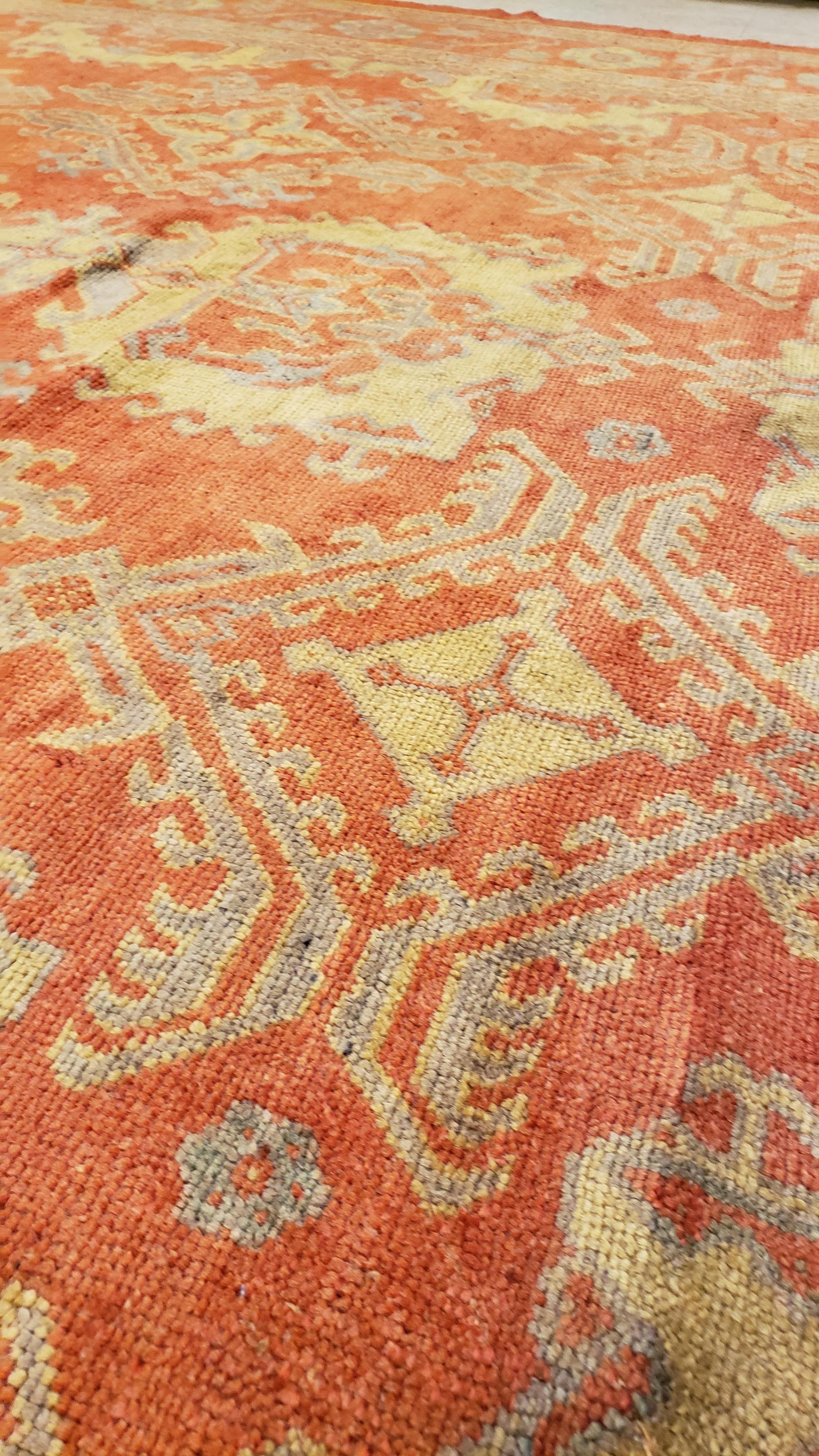 Hand-Knotted Antique Oushak Carpet, Handmade Oriental Rug, Coral Field, Gold and Gray For Sale