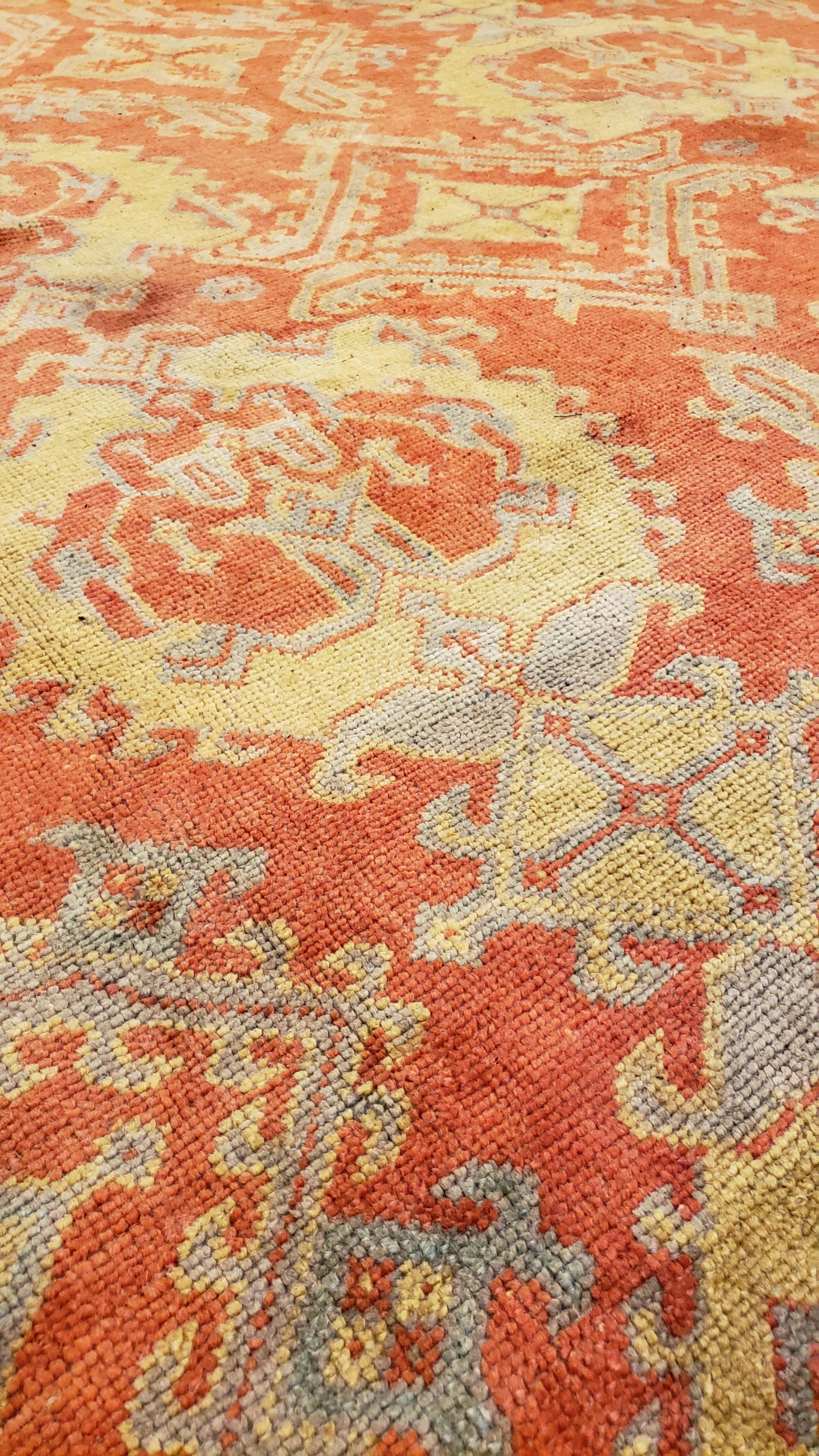 Wool Antique Oushak Carpet, Handmade Oriental Rug, Coral Field, Gold and Gray For Sale