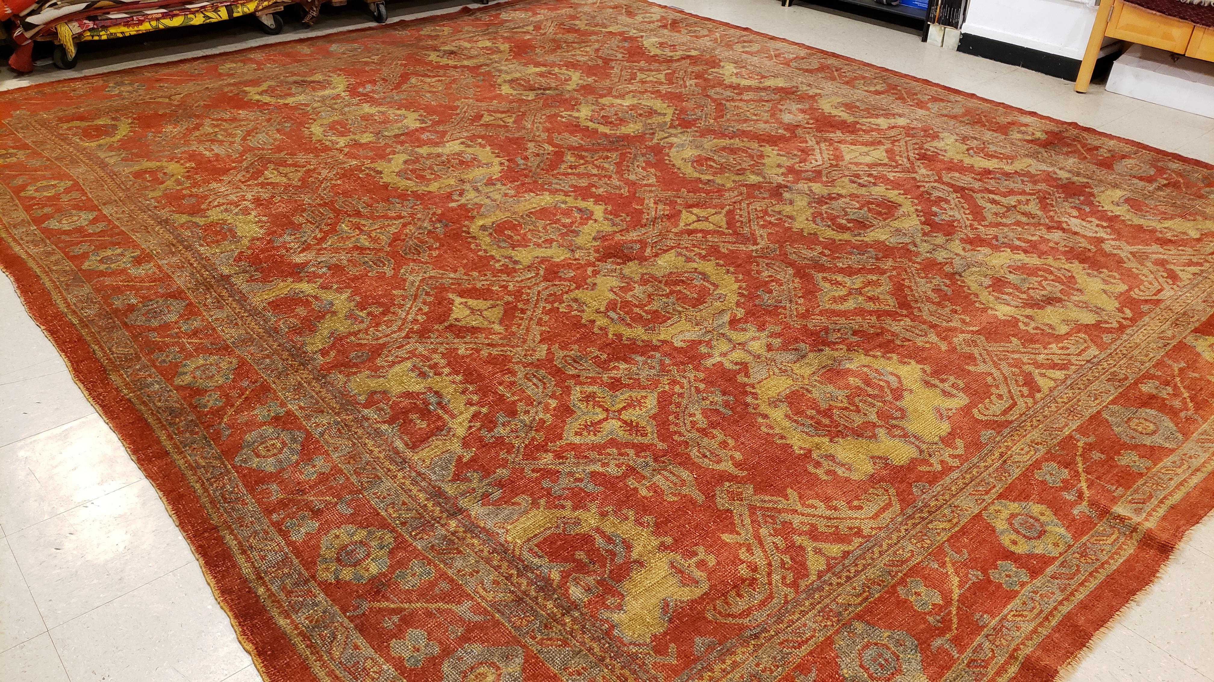 Antique Oushak Carpet, Handmade Oriental Rug, Coral Field, Gold and Gray For Sale 1