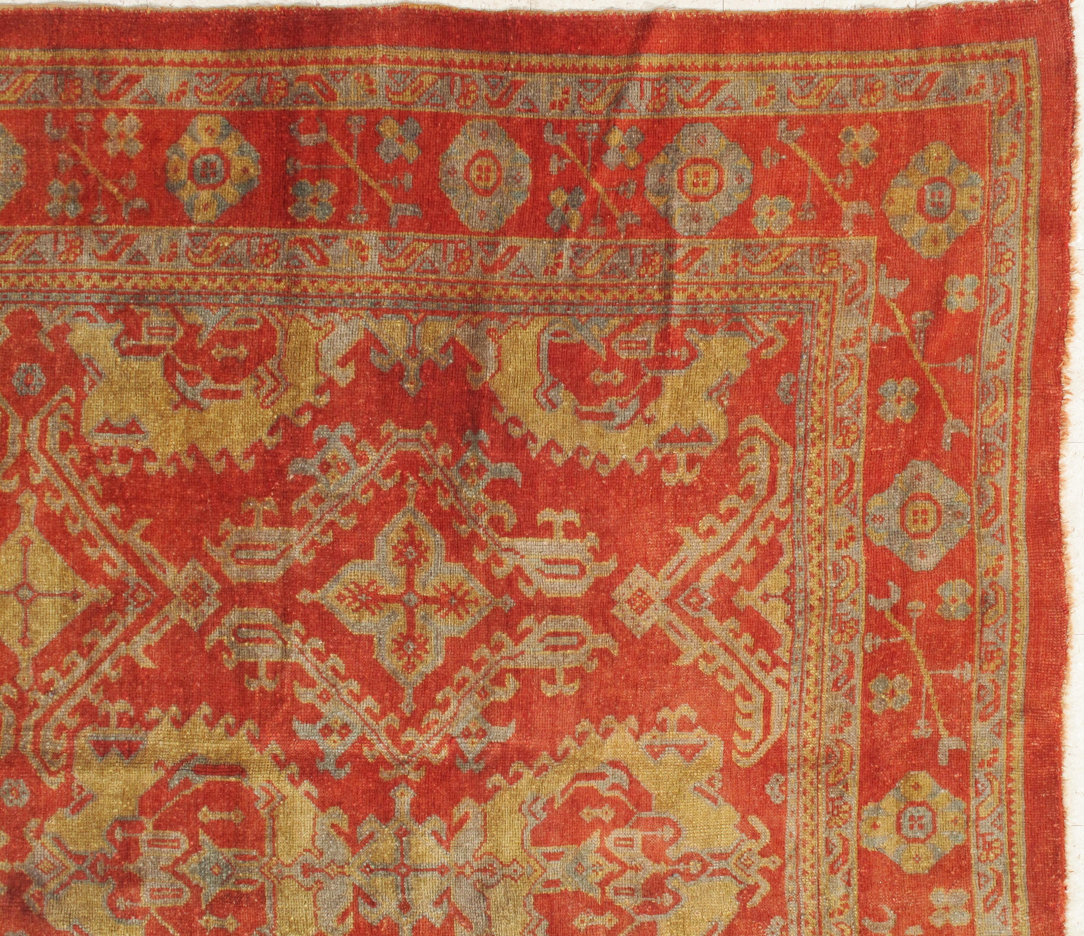 Antique Oushak Carpet, Handmade Oriental Rug, Coral Field, Gold and Gray For Sale 2