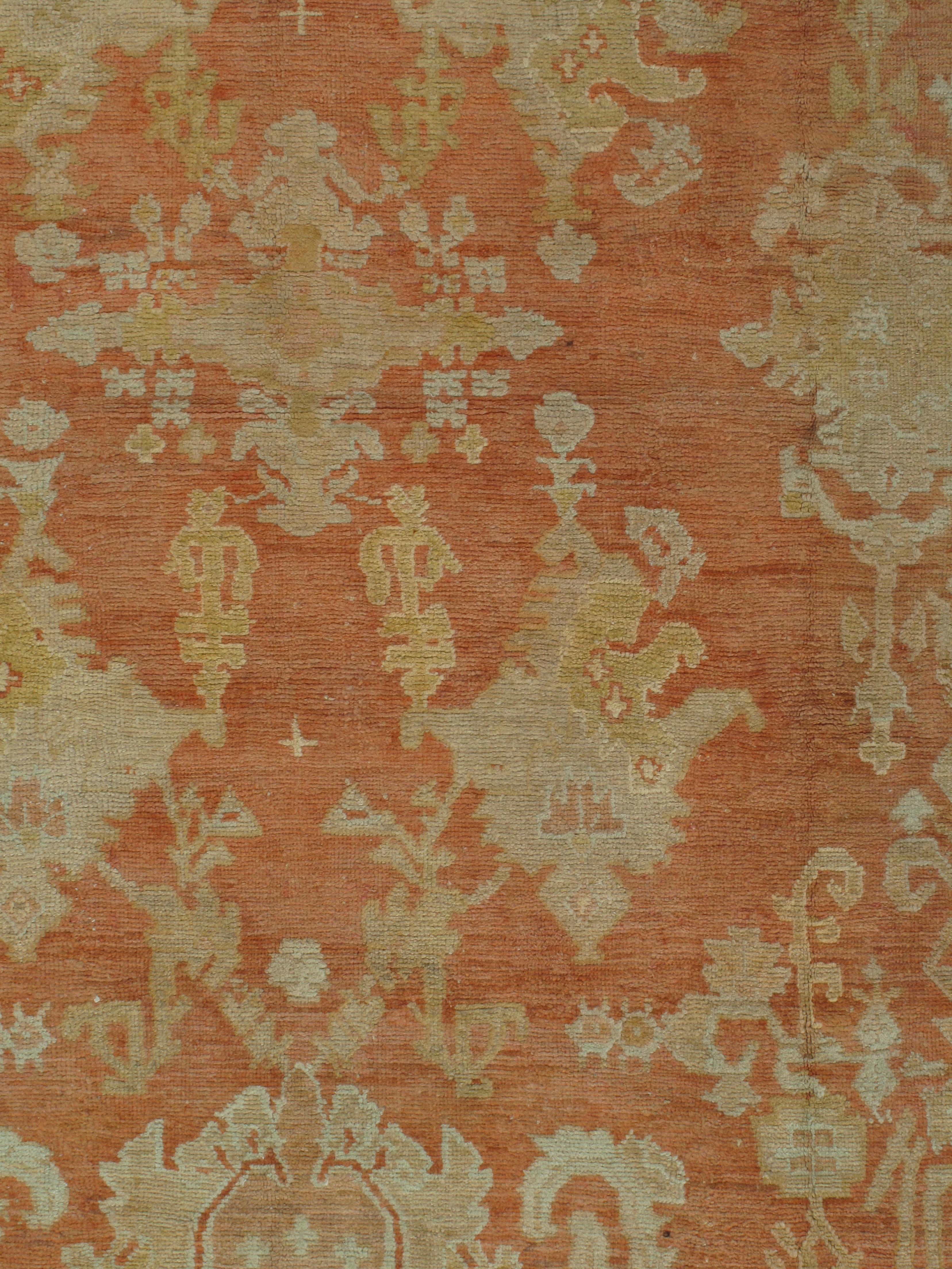 Antique Oushak Carpet, Handmade Oriental Rug, Coral Field, Gold, Ivory Border For Sale 3