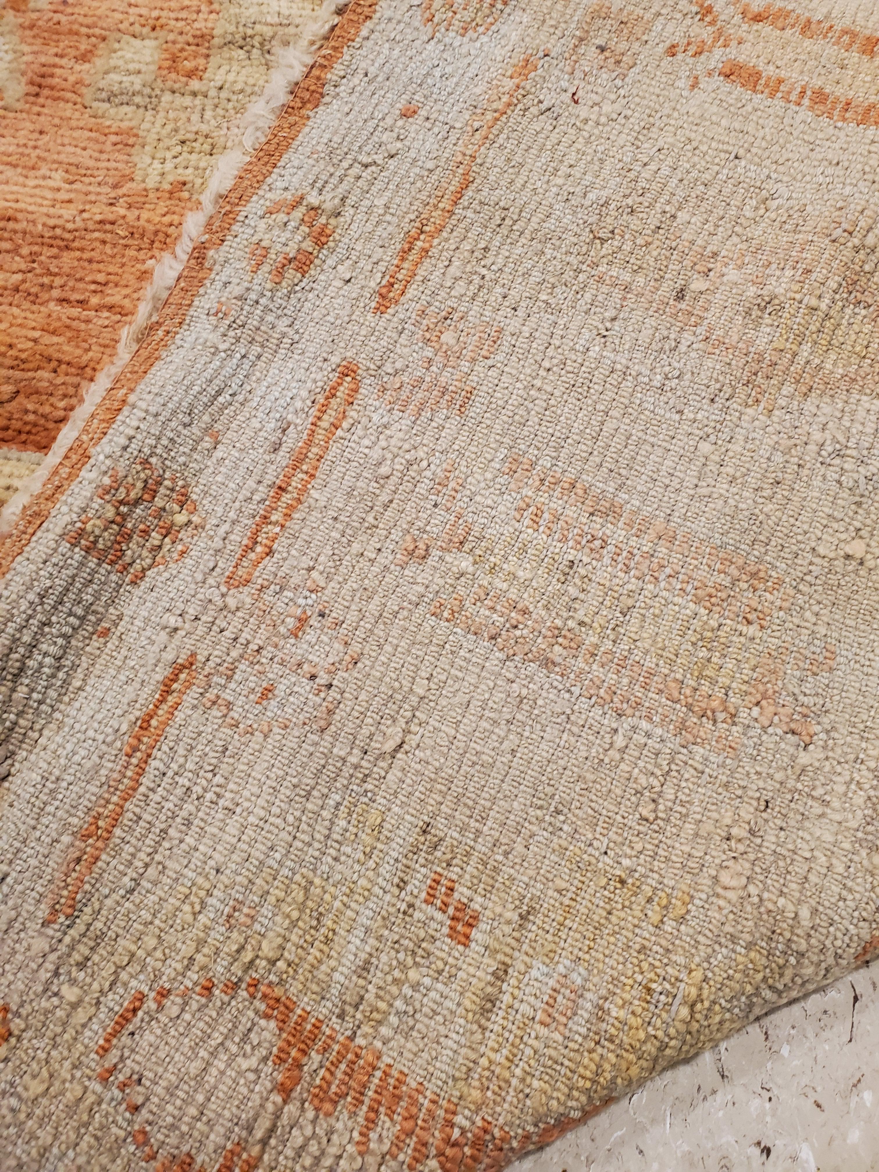 Antique Oushak Carpet, Handmade Oriental Rug, Coral Field, Gold, Ivory Border For Sale 4