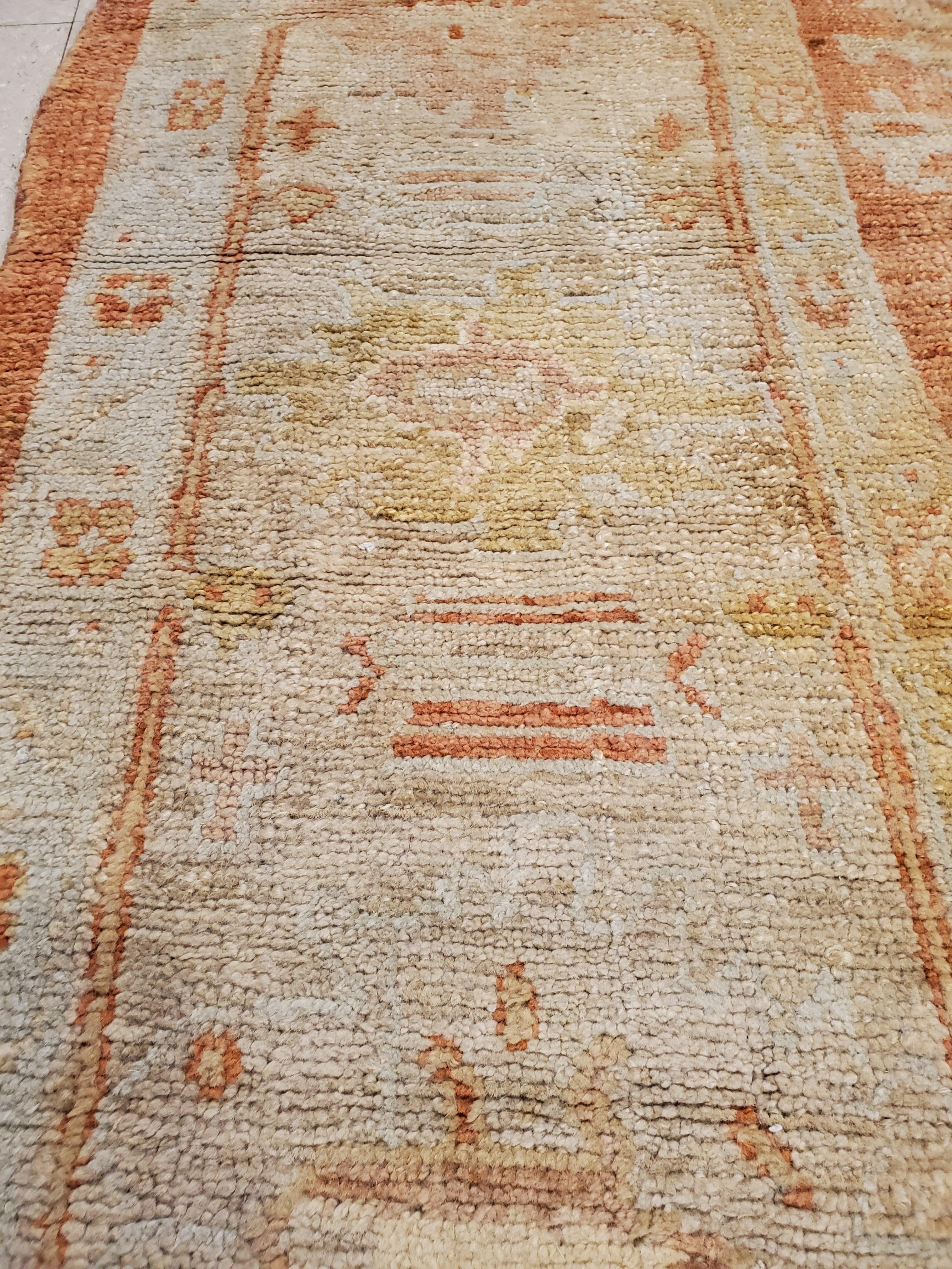 Hand-Knotted Antique Oushak Carpet, Handmade Oriental Rug, Coral Field, Gold, Ivory Border For Sale