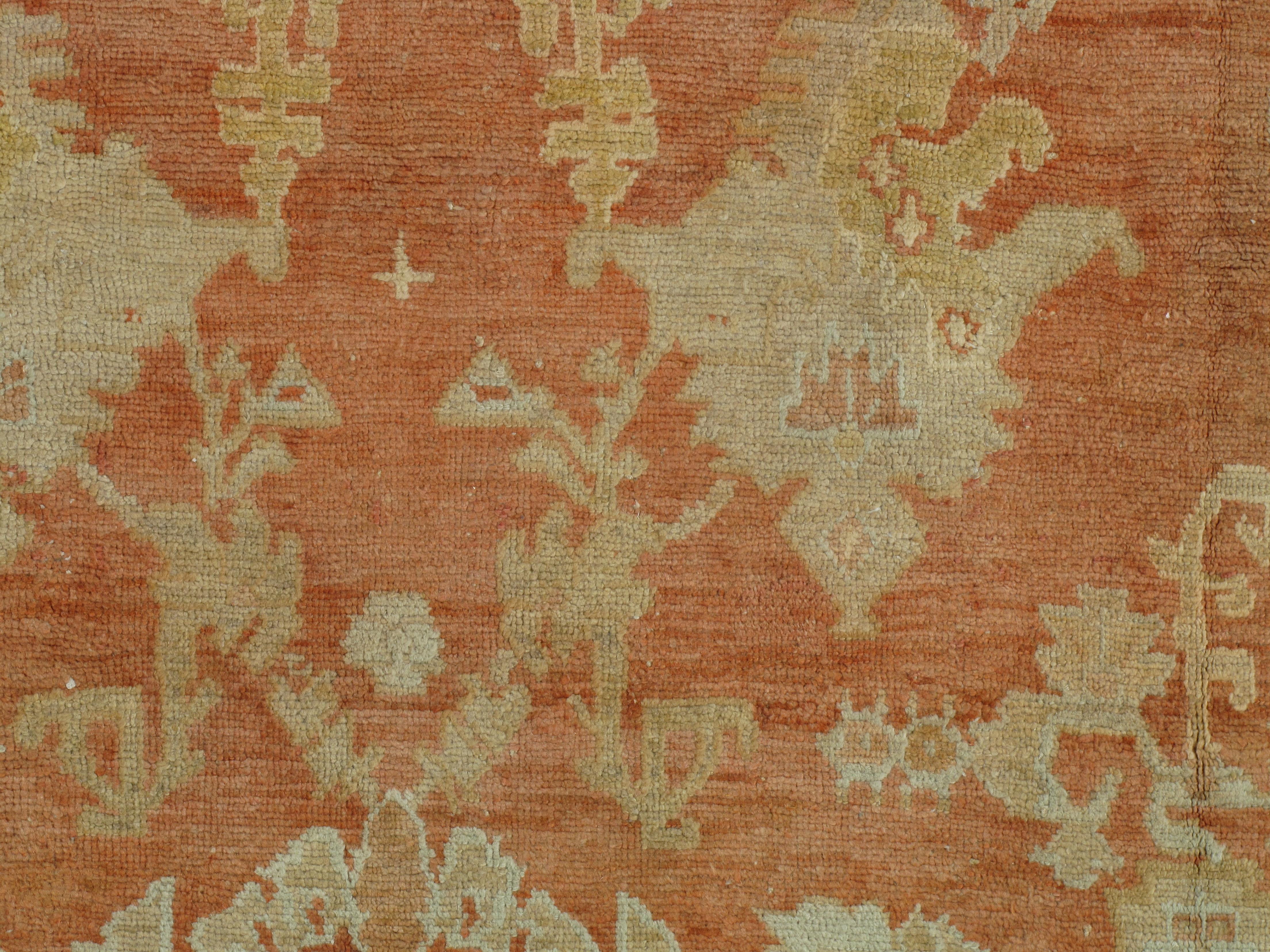 Antique Oushak Carpet, Handmade Oriental Rug, Coral Field, Gold, Ivory Border For Sale 1