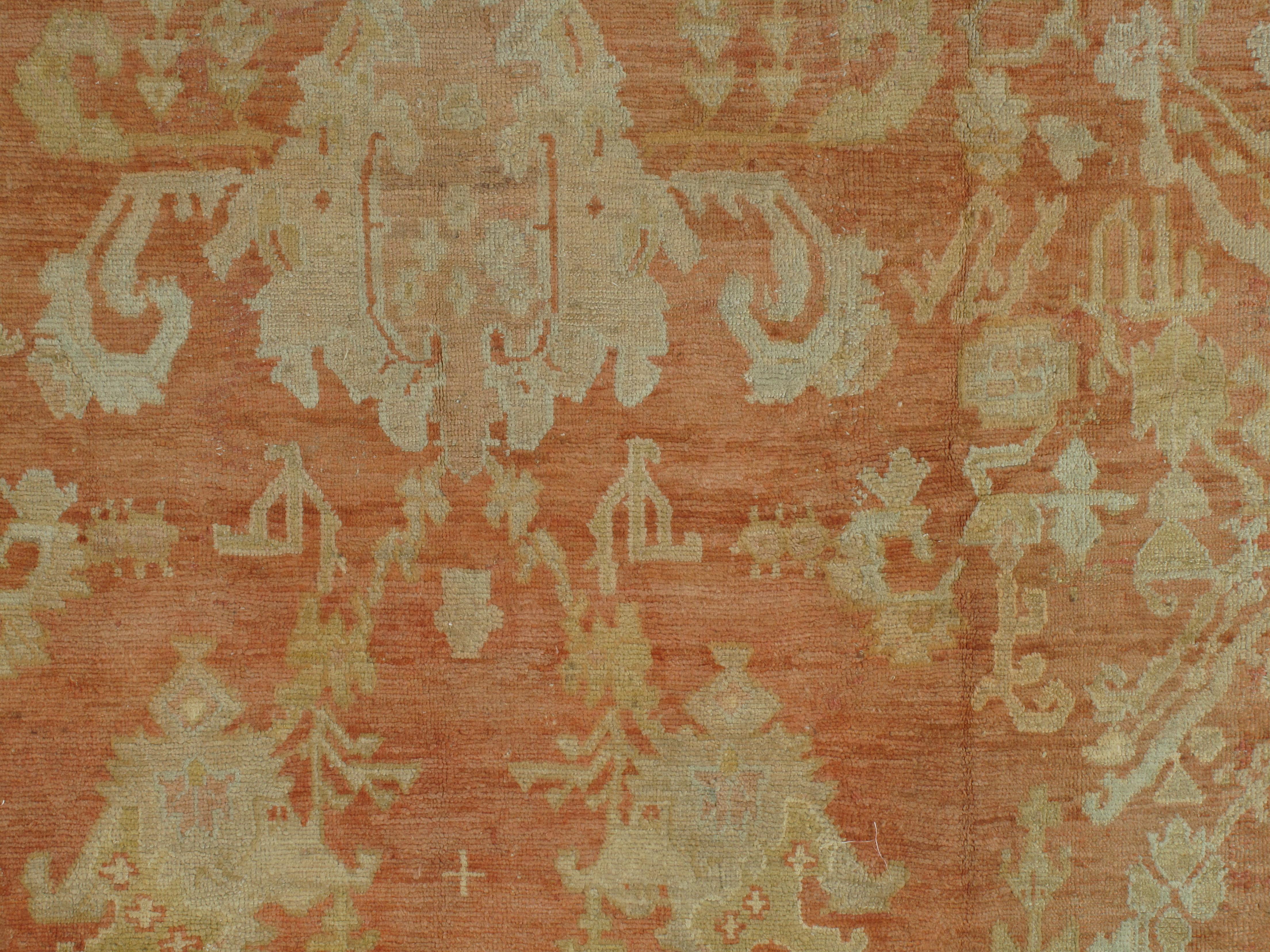 Antique Oushak Carpet, Handmade Oriental Rug, Coral Field, Gold, Ivory Border For Sale 2