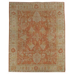 Used Oushak Carpet, Handmade Oriental Rug, Coral Field, Gold, Ivory Border