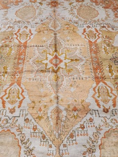 Antique Oushak Carpet, Handmade Oriental Rug, Ivory Field, Coral, Gray, Soft