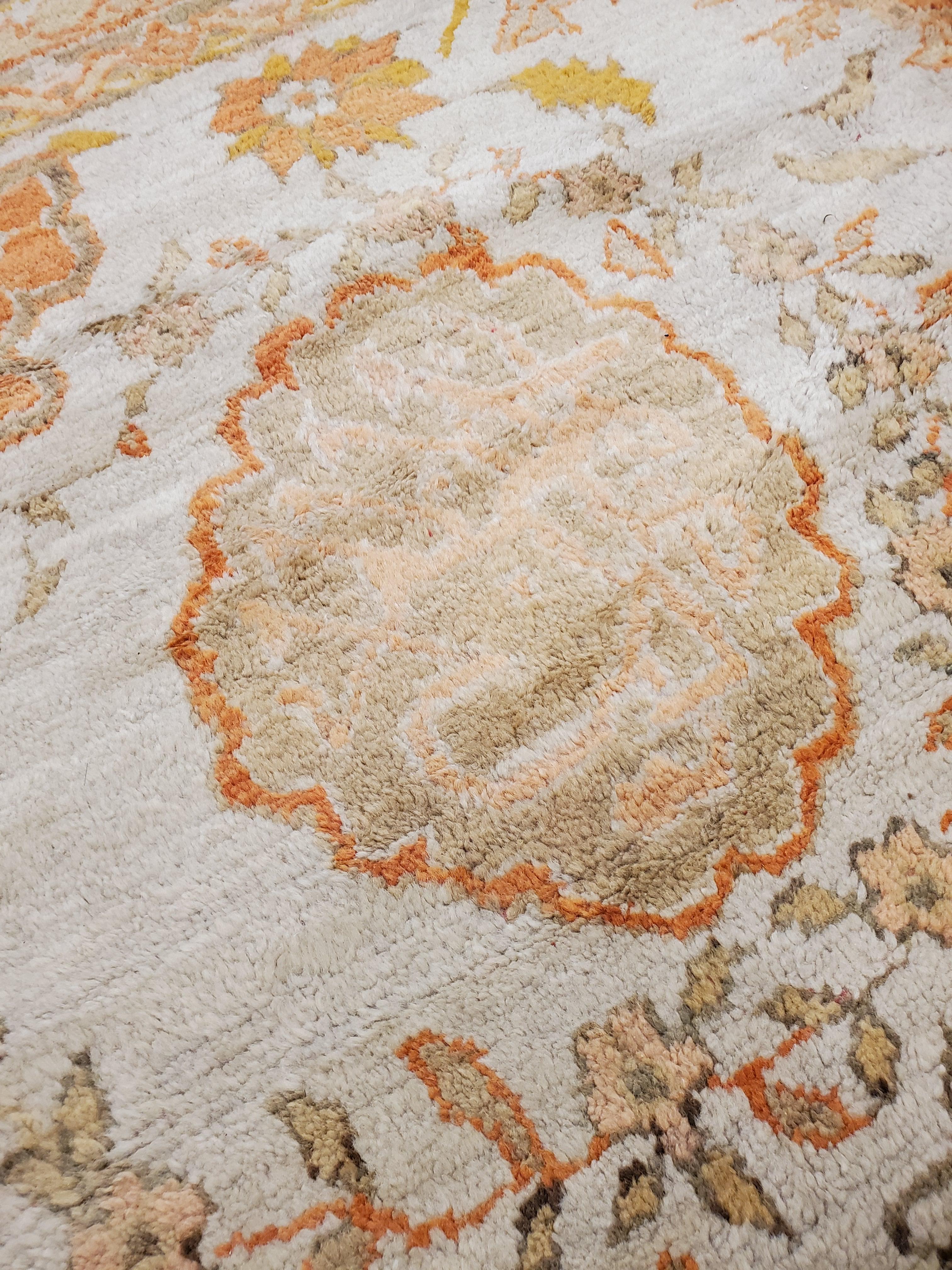 Wool Antique Oushak Carpet, Handmade Oriental Rug, Ivory Field, Coral, Gray, Soft  For Sale